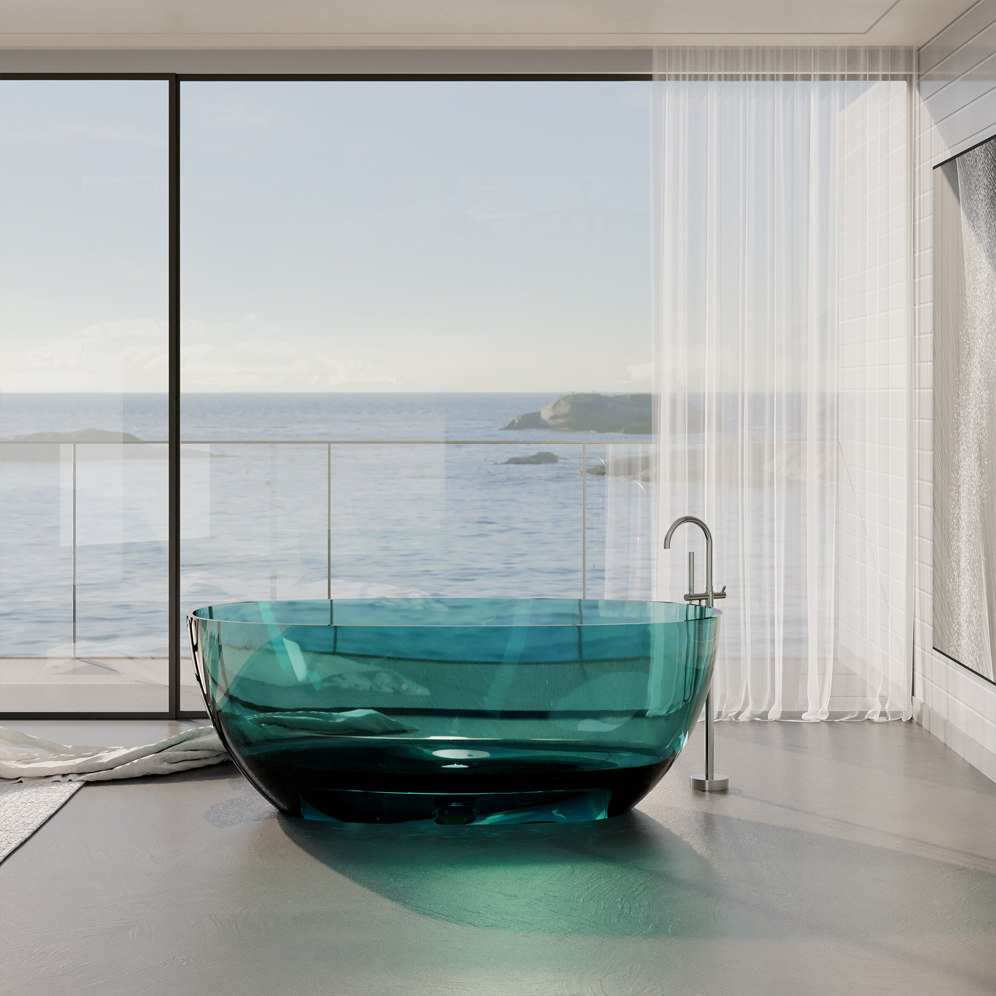 59" Soaking Tub Transparent Resin Freestanding Bathtub Modern Oval Design Stand Alone Tub with Overflow and Pop-up Drain