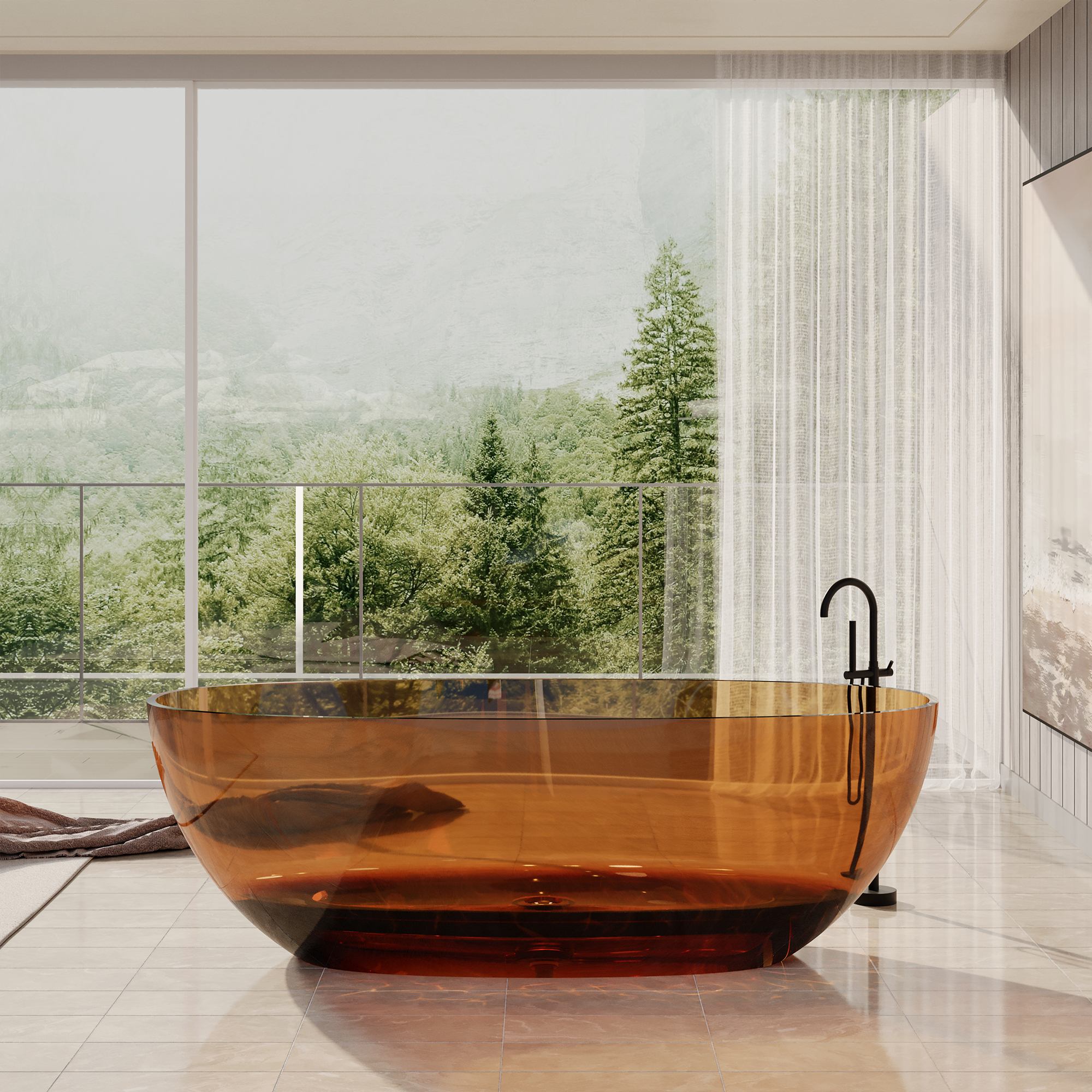 67" Soaking Tub Transparent Resin Freestanding Bathtub Modern Oval Design Stand Alone Tub with Overflow and Pop-up Drain ,Black & Grey/Coffee/Red/Blue