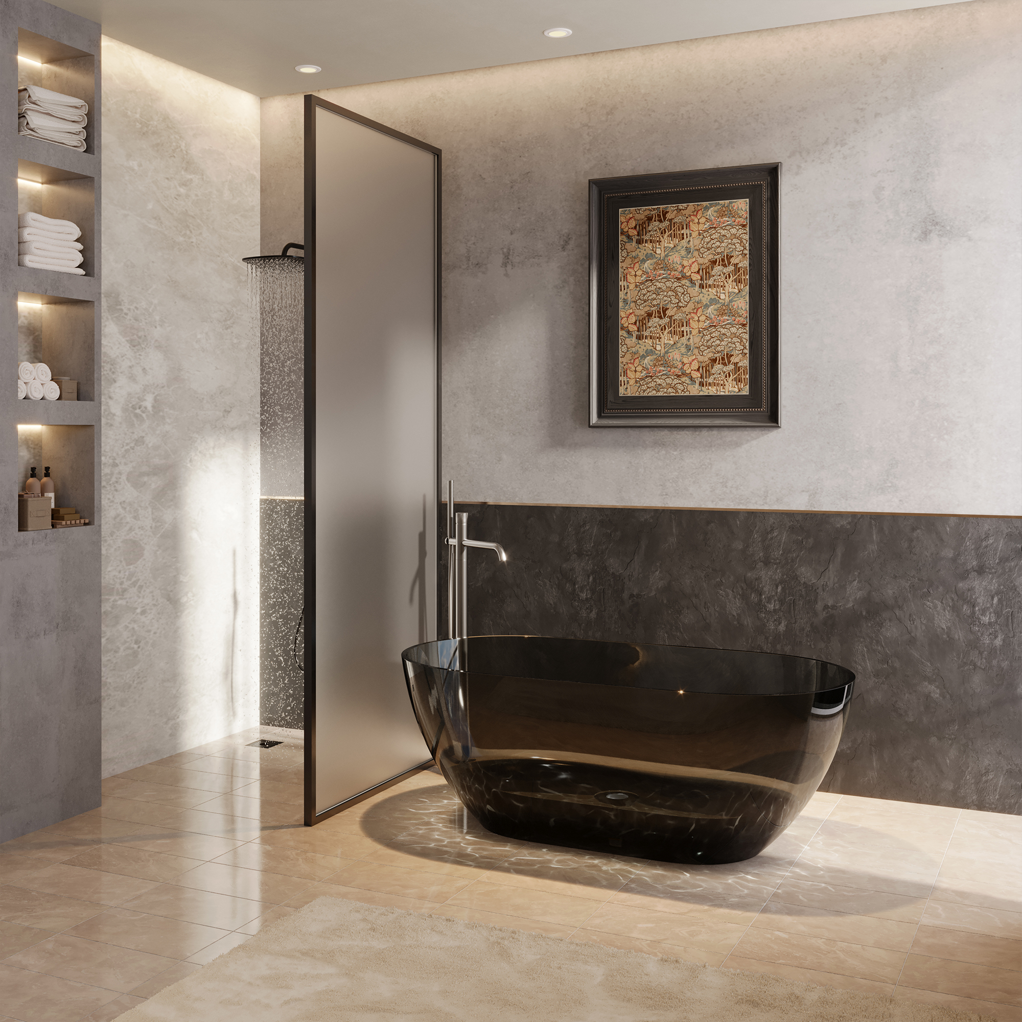  59" Resin Freestanding Bathtub Transparent Soaking Tub Modern Oval Design Stand Alone Tub with Pop-up Drain and Overflow,Black & Grey/Coffee/Purple/Blue