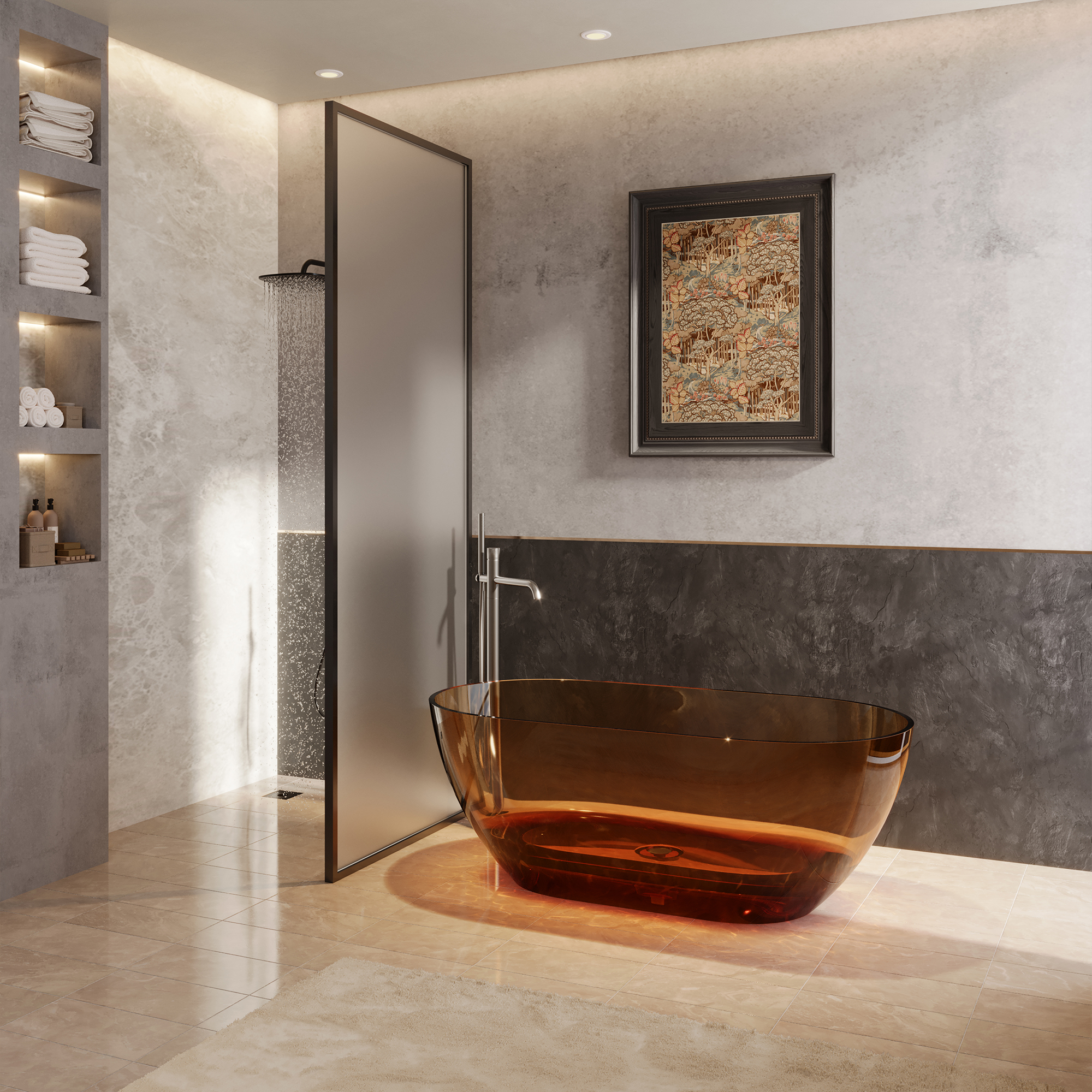  59" Resin Freestanding Bathtub Transparent Soaking Tub Modern Oval Design Stand Alone Tub with Pop-up Drain and Overflow,Black & Grey/Coffee/Purple/Blue