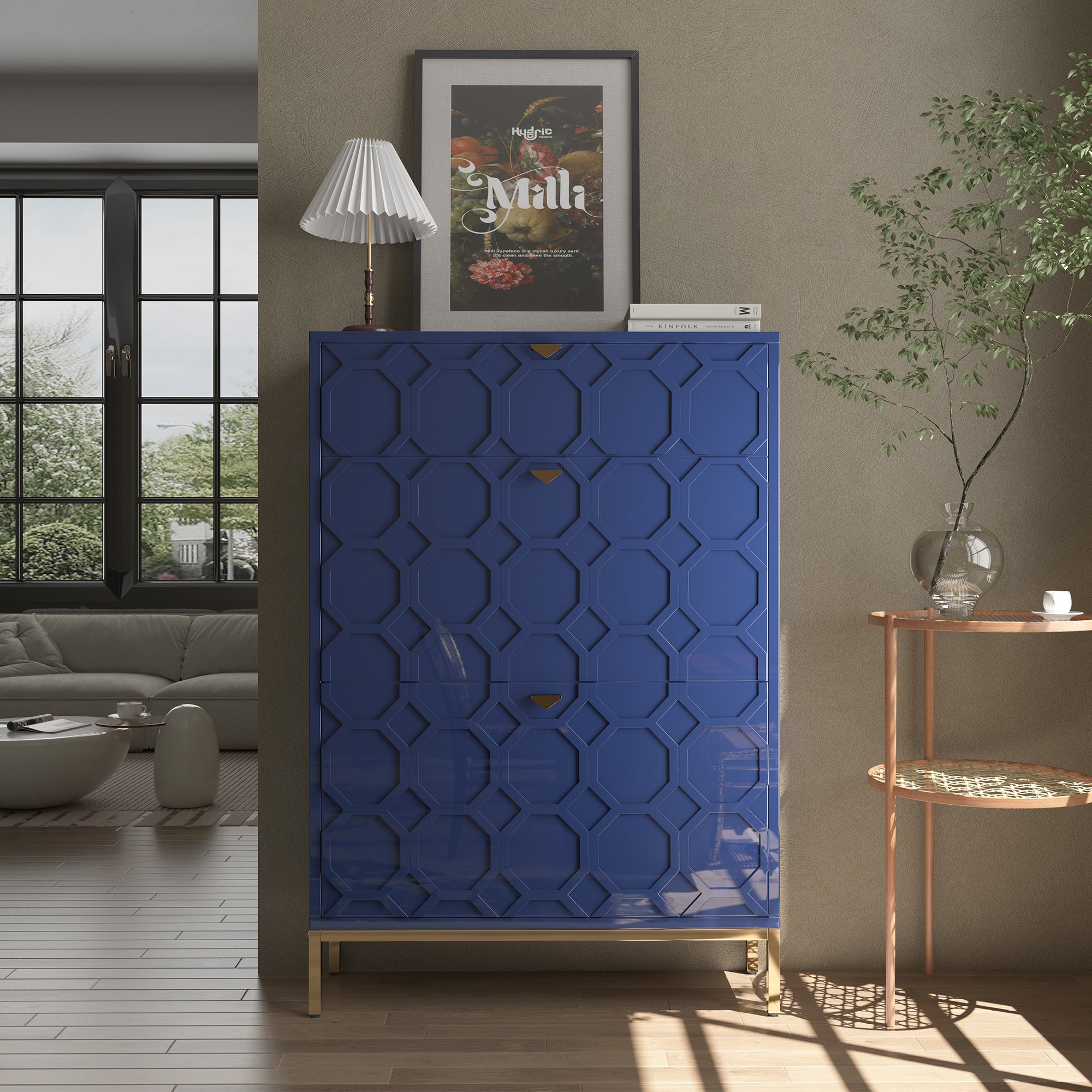 Boyel Living 46.5 in.H x 31.5 in.W White Shoe Storage Cabinet with Drawers and Golden Handle