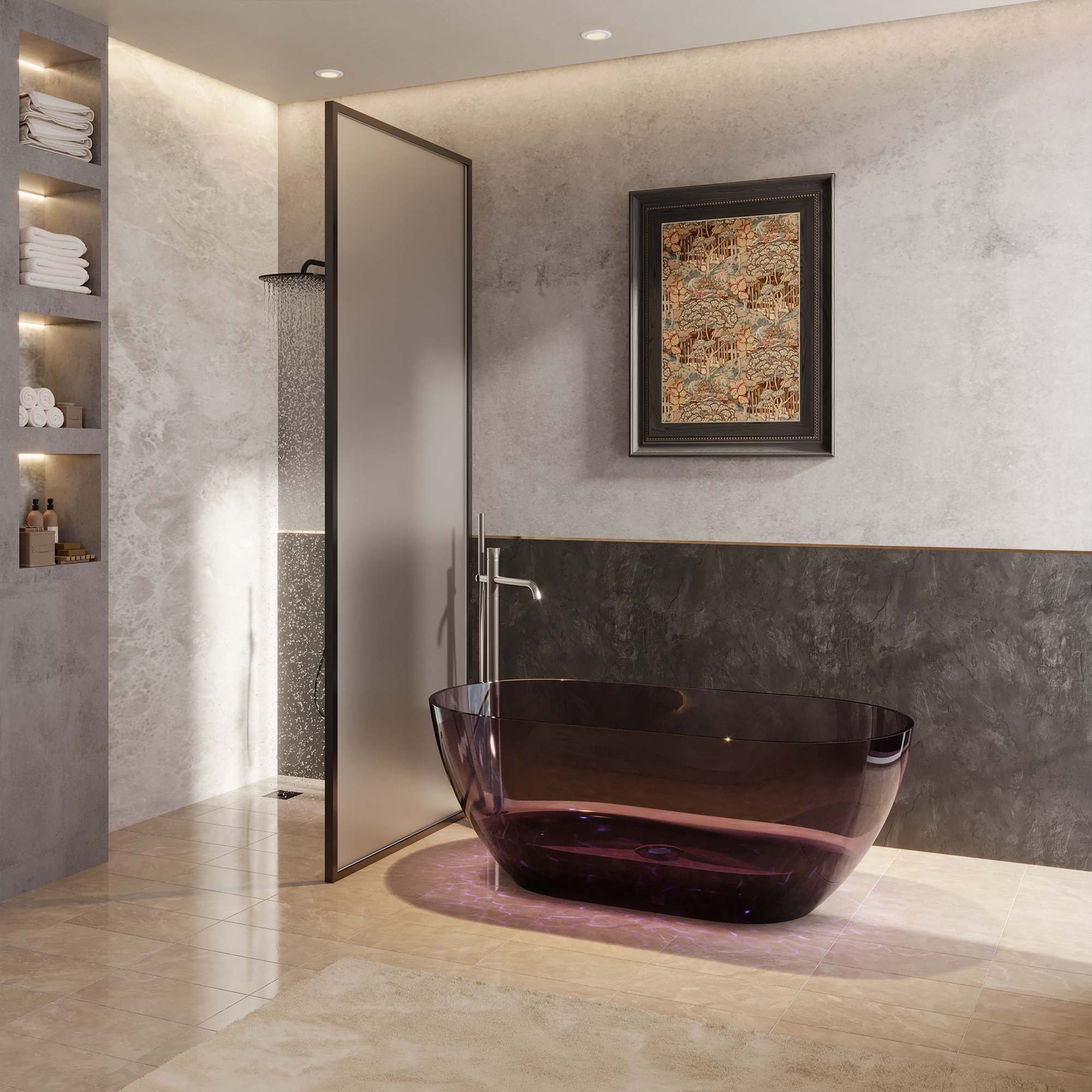  59" Resin Freestanding Bathtub Transparent Soaking Tub Modern Oval Design Stand Alone Tub with Pop-up Drain and Overflow,Black & Grey/Coffee/Purple/Blue