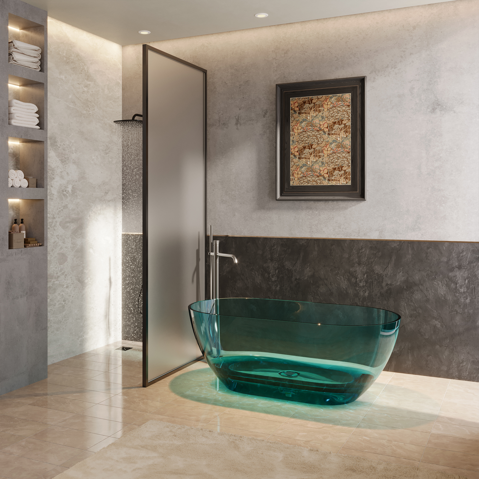  59" Resin Freestanding Bathtub Transparent Soaking Tub Modern Oval Design Stand Alone Tub with Pop-up Drain and Overflow,Black & Grey/Coffee/Purple/Blue