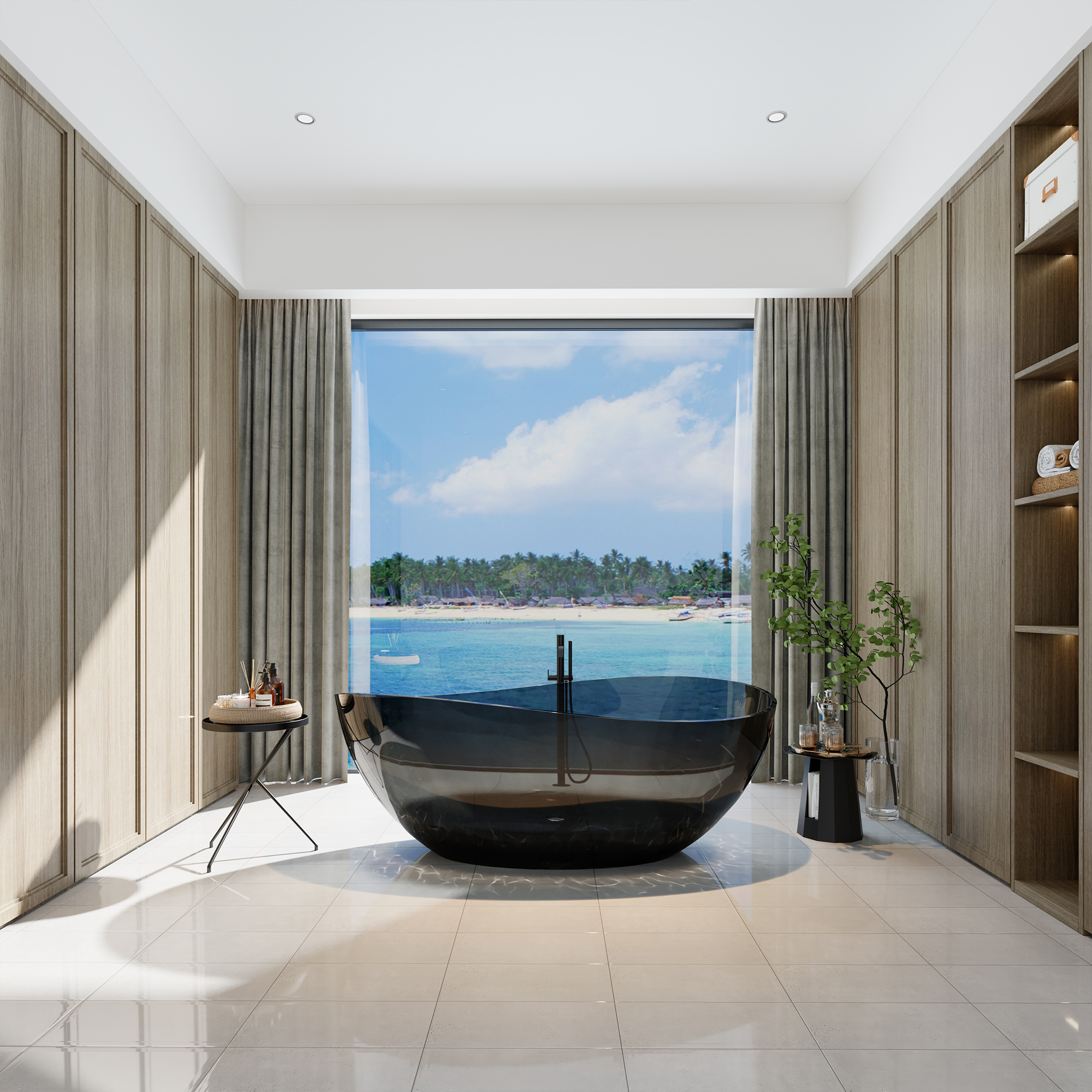 63" Freestanding Bathtub Transparent Resin Soaking Tub Modern Oval Design Stand Alone Tub with Overflow and Pop-up Drain