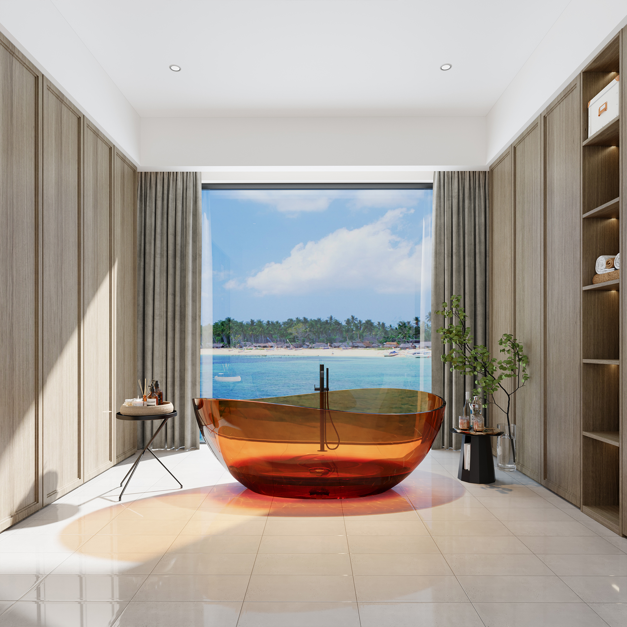 63" Freestanding Bathtub Transparent Resin Soaking Tub Modern Oval Design Stand Alone Tub with Overflow and Pop-up Drain