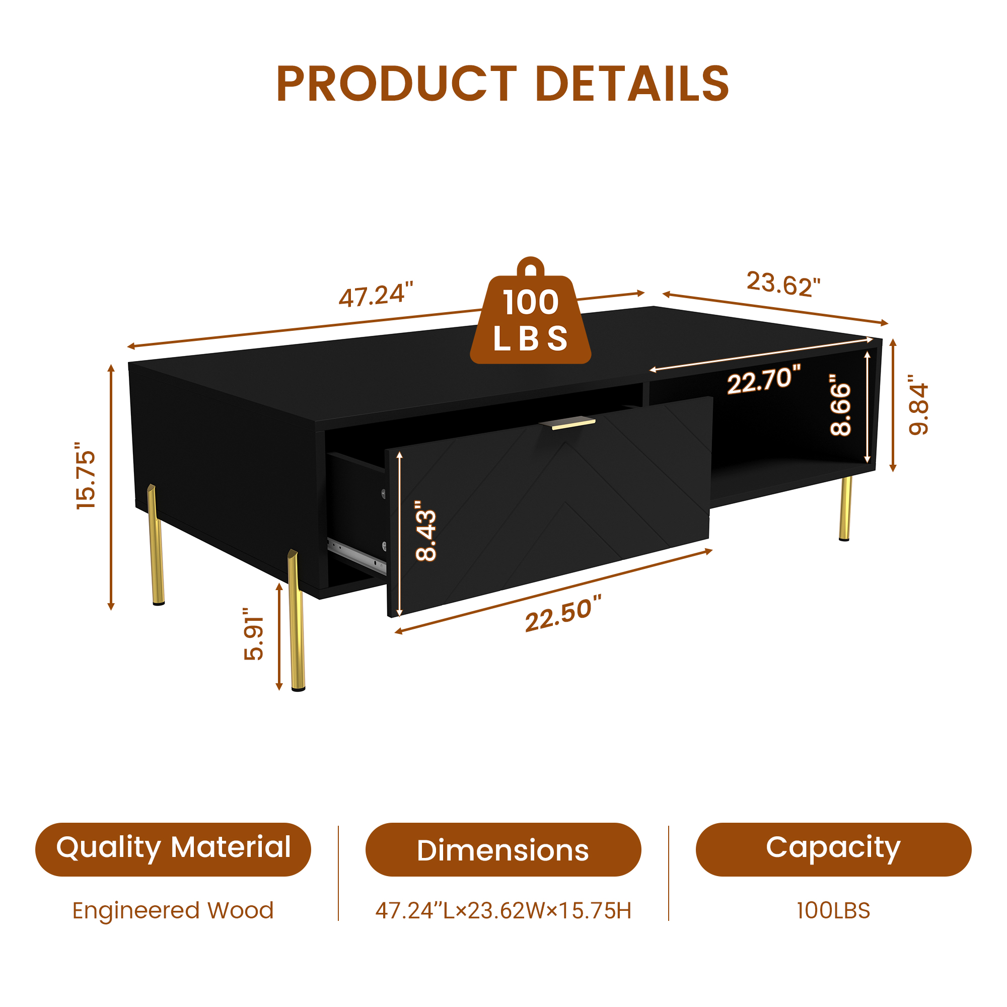 Mid-Century Modern Coffee Table, 48" Rectangle Coffee Table with Double Drawers, Gold Metal Decor, Center Table for Living Room,White
