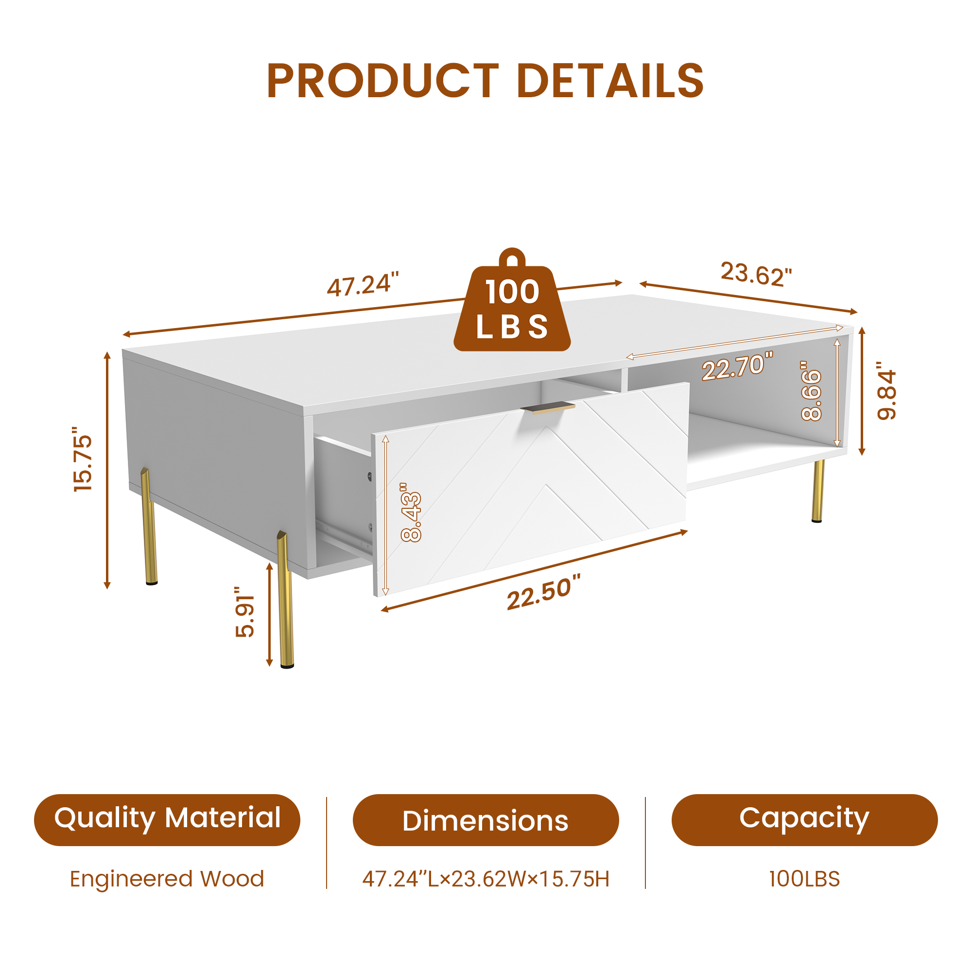 Mid-Century Modern Coffee Table, 48" Rectangle Coffee Table with Double Drawers, Gold Metal Decor, Center Table for Living Room,White