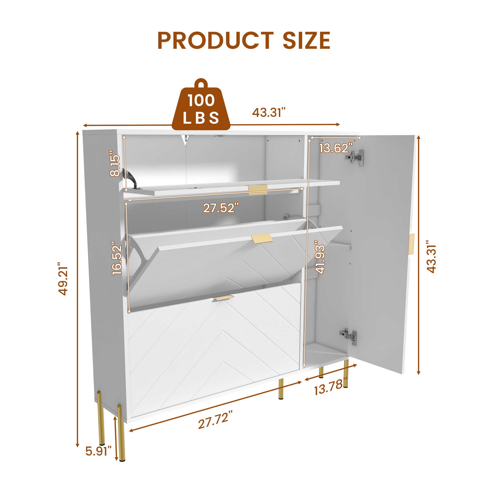 49.21 in. H x 9.45 in. W x 43.31 in. L White Wood Shoe Storage Cabinet with Flip-Up Drawers, Adjustable Shelf