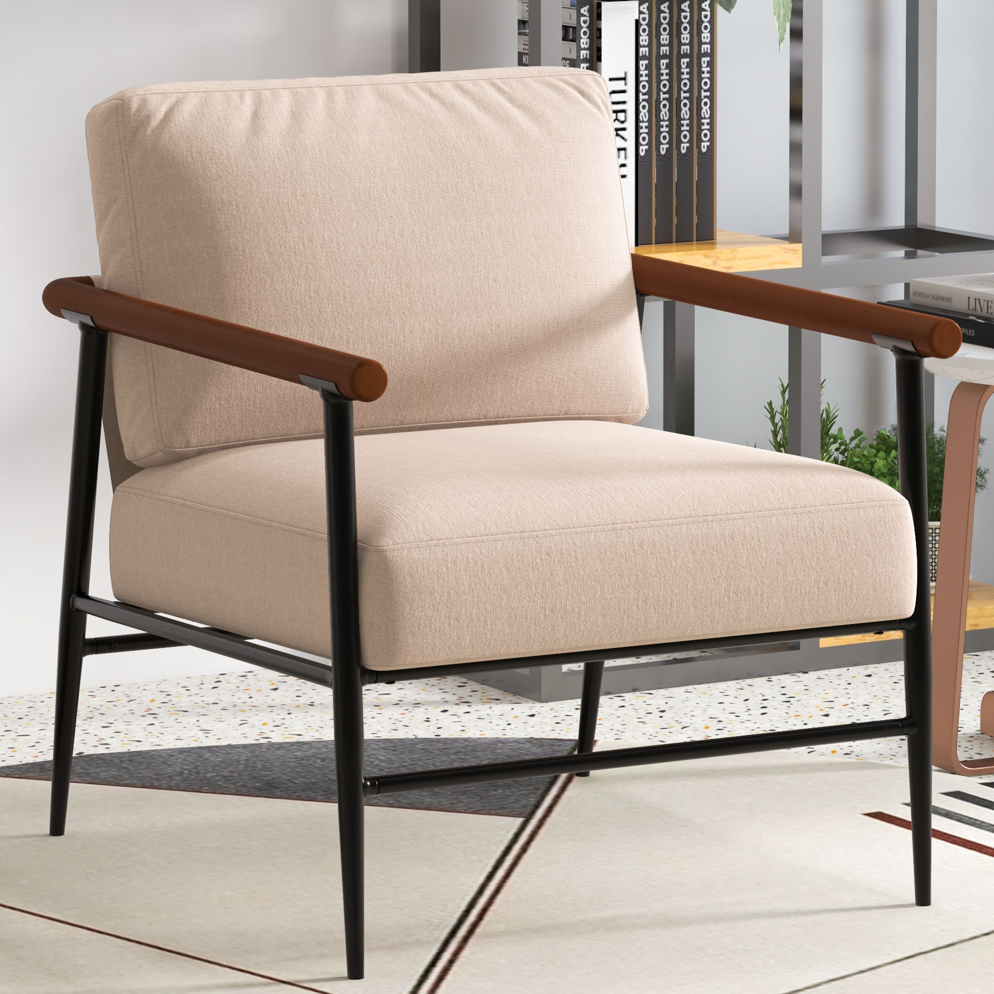 Modern Accent Chair, Wood Armrests and Black Metal Frame, Comfy Lounge Chair with Beige Seat Cushion&Backrest