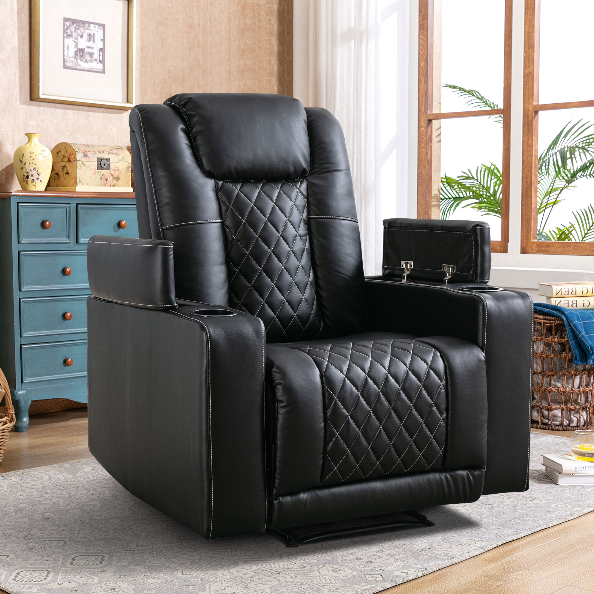 PU Leather Power Recliner Home Theater Recliner with Cup Holder, USB Port