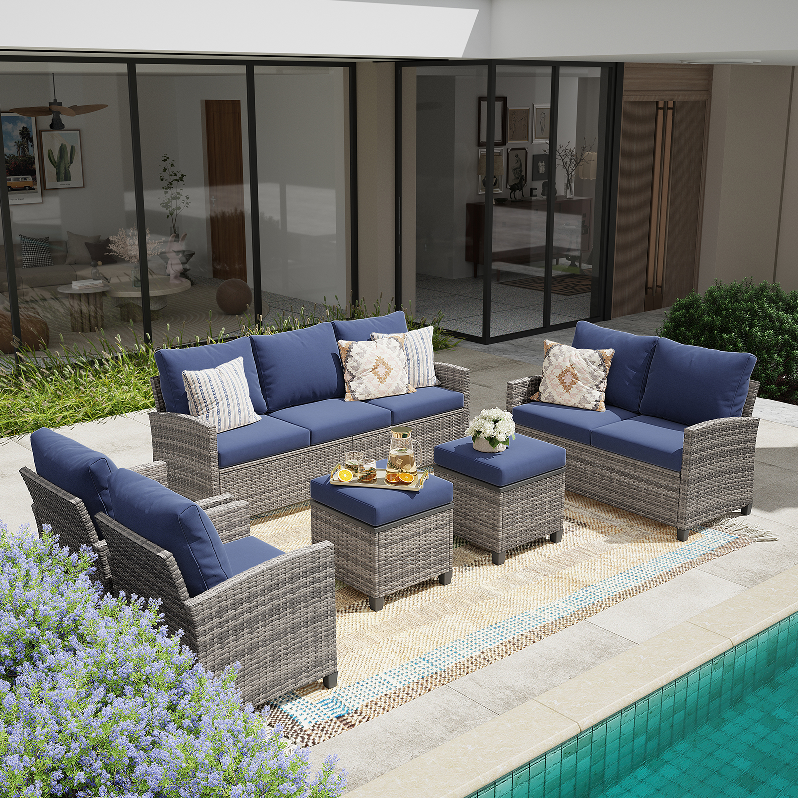 5-Piece PE Rattan Patio Furniture Set – 3-Seater Sofa, 2 Armchairs, 2 Ottomans with Cushions, Outdoor Lounge Seating, Gray/Beige/Blue