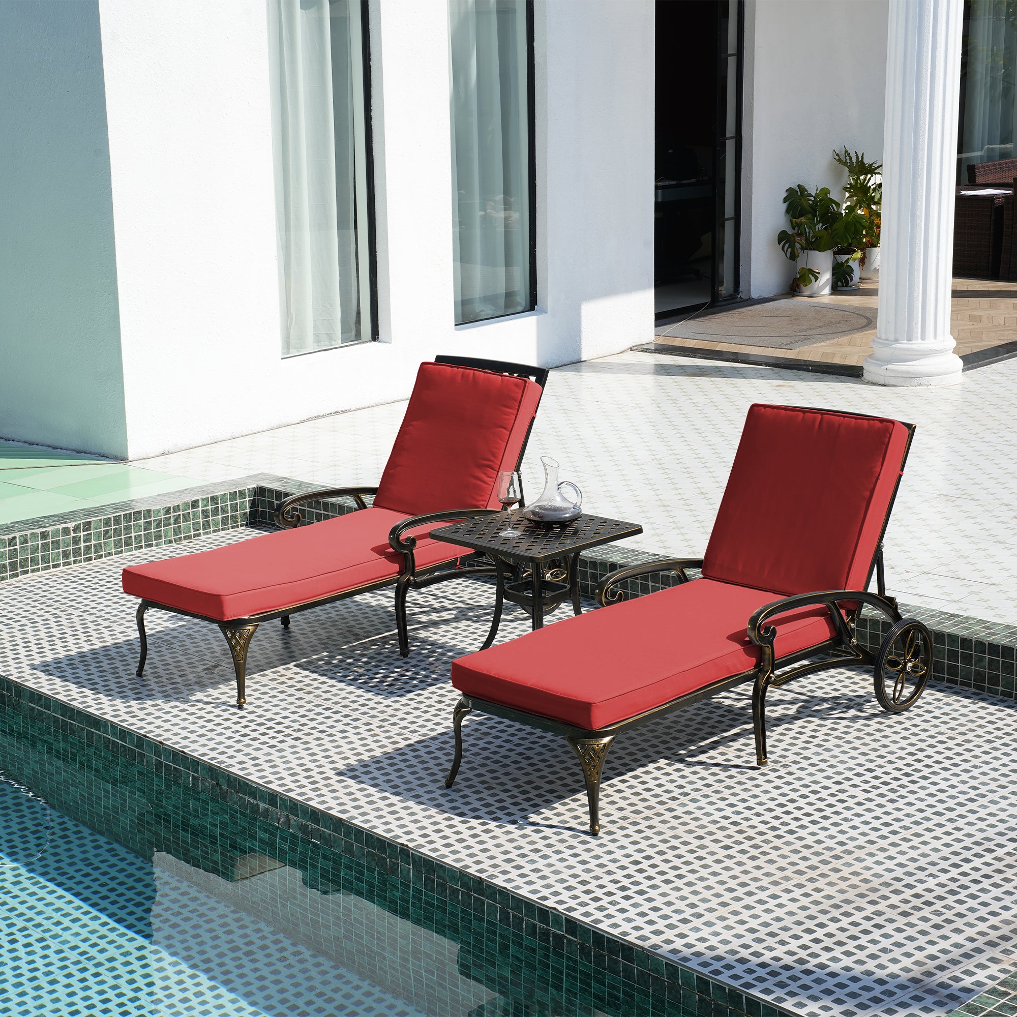 3-Piece Cast Aluminum Outdoor Chaise Lounge with Side Table and Beige/Red Cushion