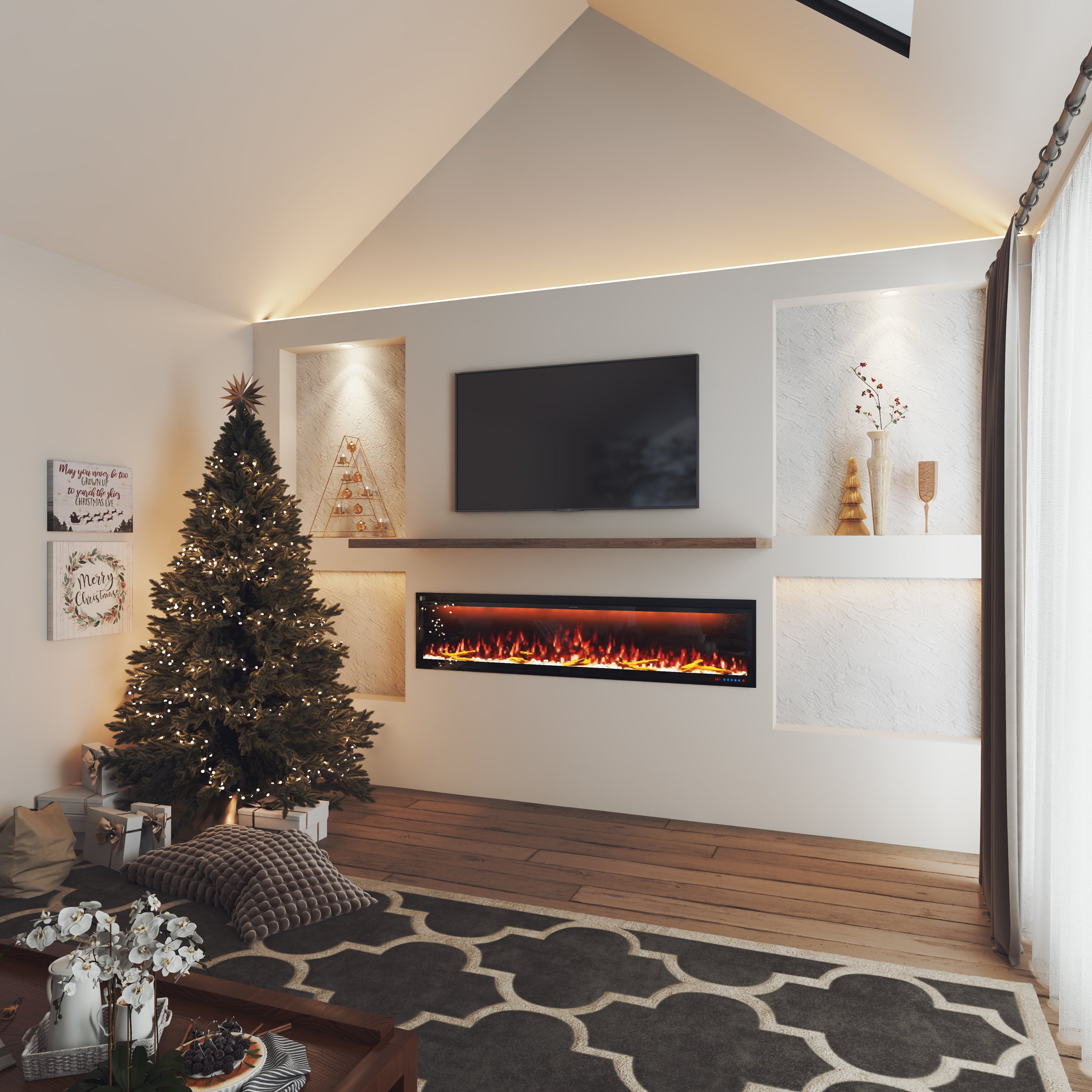 50/60/74/88-in W Black LED Wall-mount Electric Fireplace with Remote Control Included