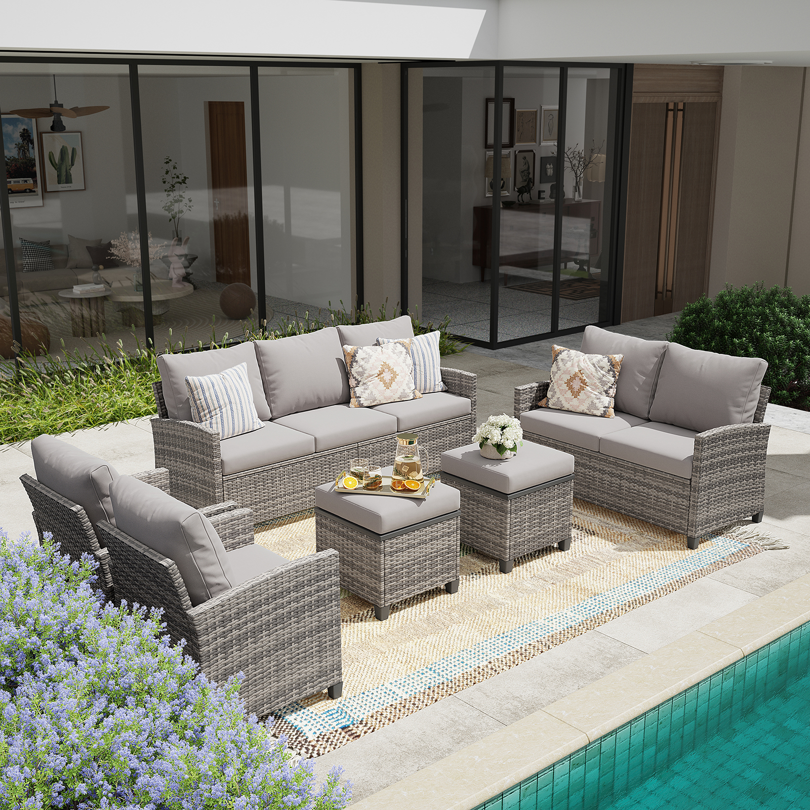 5-Piece PE Rattan Patio Furniture Set – 3-Seater Sofa, 2 Armchairs, 2 Ottomans with Cushions, Outdoor Lounge Seating, Gray/Beige/Blue