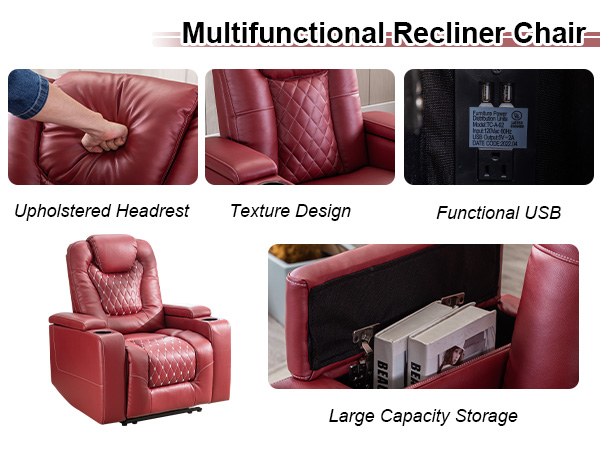 PU Leather Power Recliner Home Theater Recliner with Cup Holder, USB Port