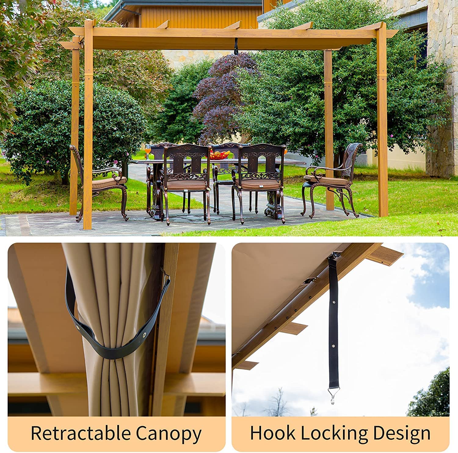 10' x13' Outdoor Pergola Aluminum Wood Looking Frame Retractable Canopy Heavy Duty Grape Trellis Sunshade Cover
