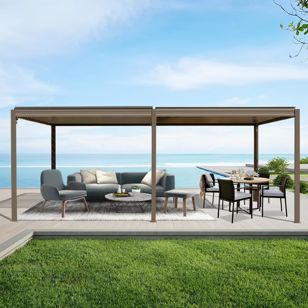 Louvered Pergola 10X20FT, Wood Grain Aluminum Pergola with Adjustable Roof, Wood Looking Aluminum Frame, Efficient Drainage System, Outdoor Pergola for Patio, Deck, Garden