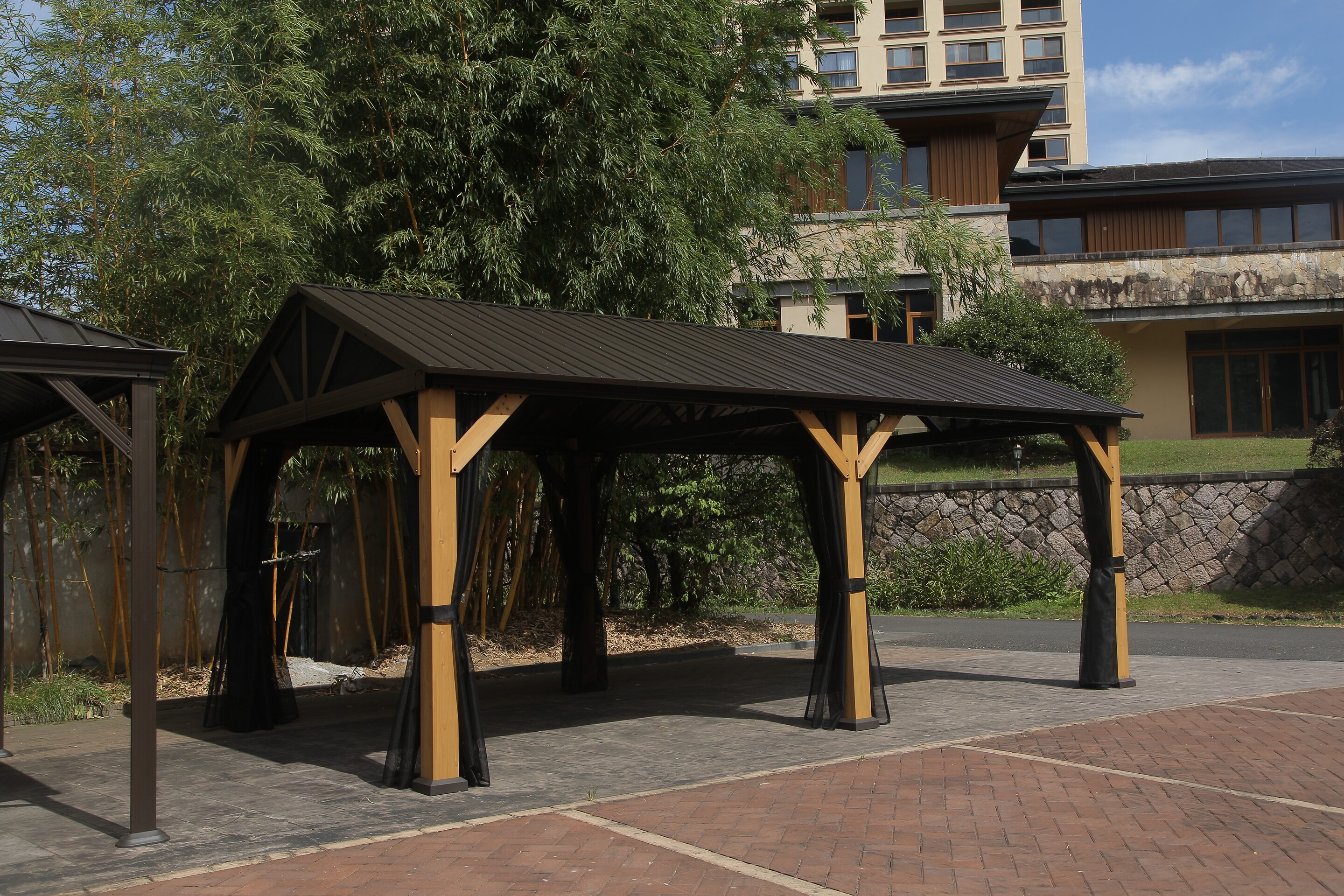 Outdoor Aluminum Hardtop Gazebo Wood Looking Frame Galvanized Steel Gable Tent for Patio Decks Backyard