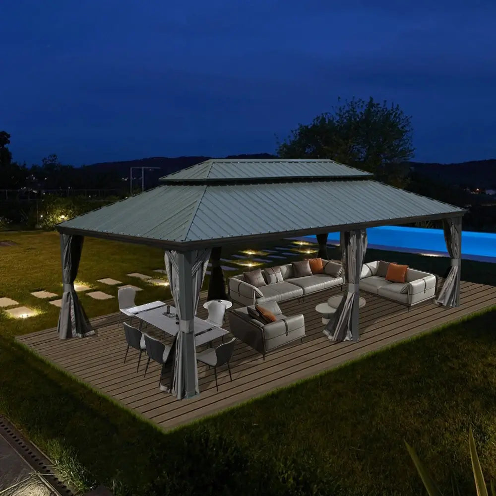 12' X 20' Outdoor Hardtop Gazebo with Curtain and Netting Aluminum Frame Galvanized Steel Double Roof Permanent Gazebo Pavilion for Patio, Backyard, Deck, Lawn