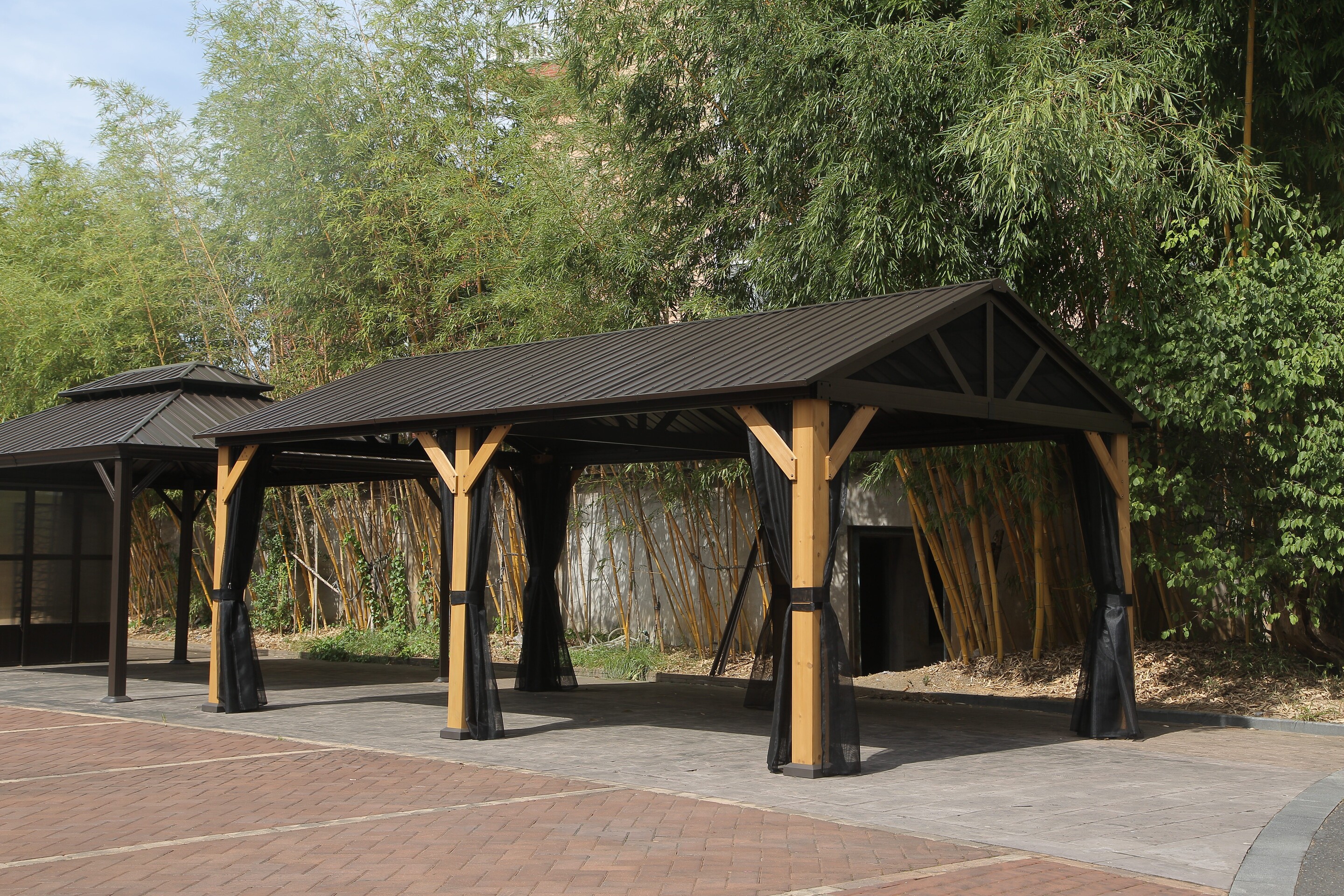 Outdoor Aluminum Hardtop Gazebo Wood Looking Frame Galvanized Steel Gable Tent for Patio Decks Backyard