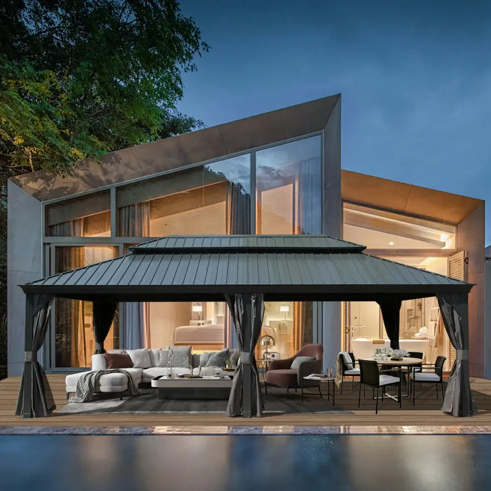 12' X 20' Outdoor Hardtop Gazebo with Curtain and Netting Aluminum Frame Galvanized Steel Double Roof Permanent Gazebo Pavilion for Patio, Backyard, Deck, Lawn