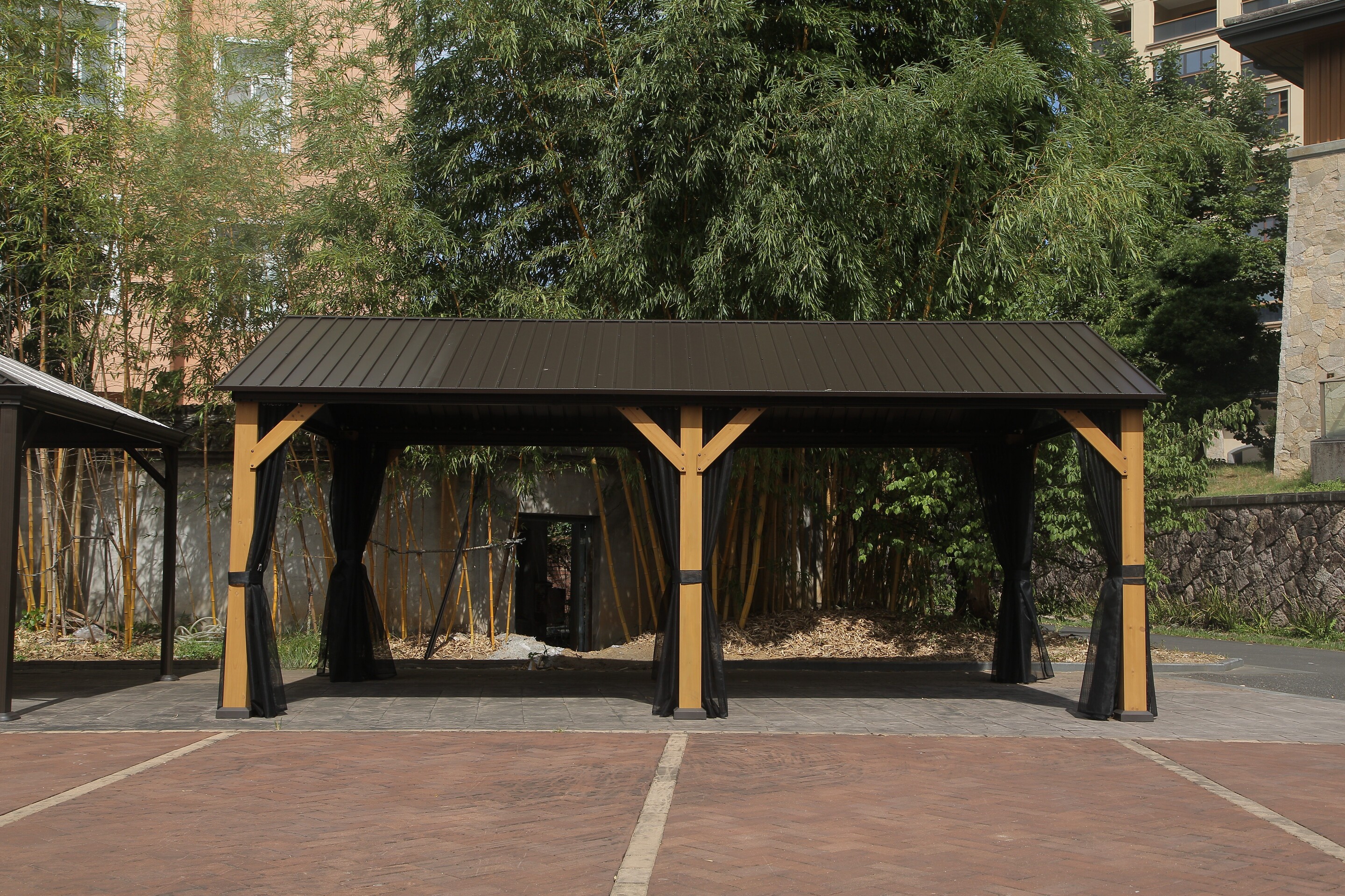 Outdoor Aluminum Hardtop Gazebo Wood Looking Frame Galvanized Steel Gable Tent for Patio Decks Backyard