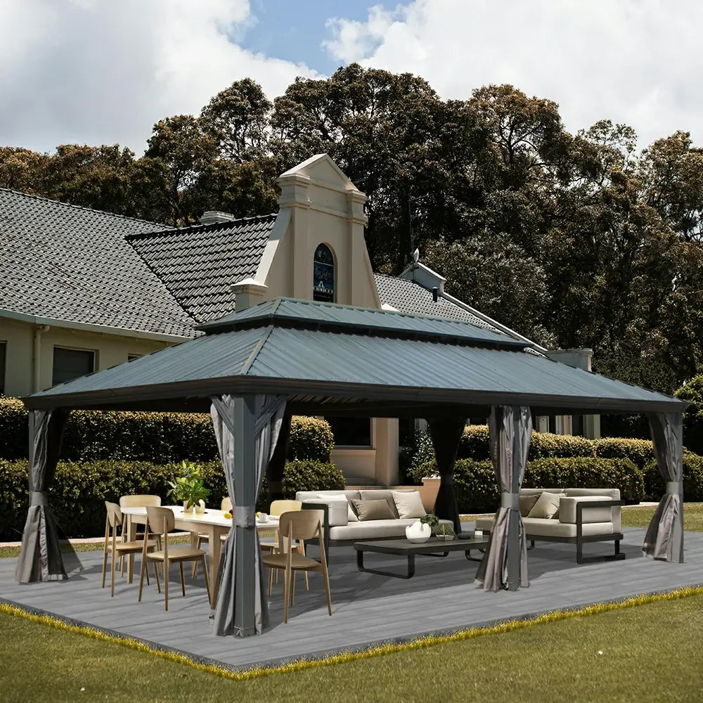 12' X 20' Outdoor Hardtop Gazebo with Curtain and Netting Aluminum Frame Galvanized Steel Double Roof Permanent Gazebo Pavilion for Patio, Backyard, Deck, Lawn