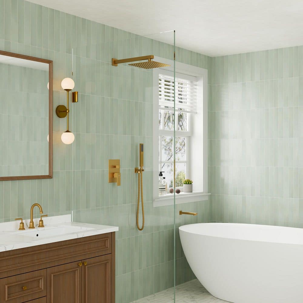 3-Spray Patterns Square 10 in. Wall Mount Dual Shower Heads 2.5 GPM with Tub Faucet in Brushed Gold