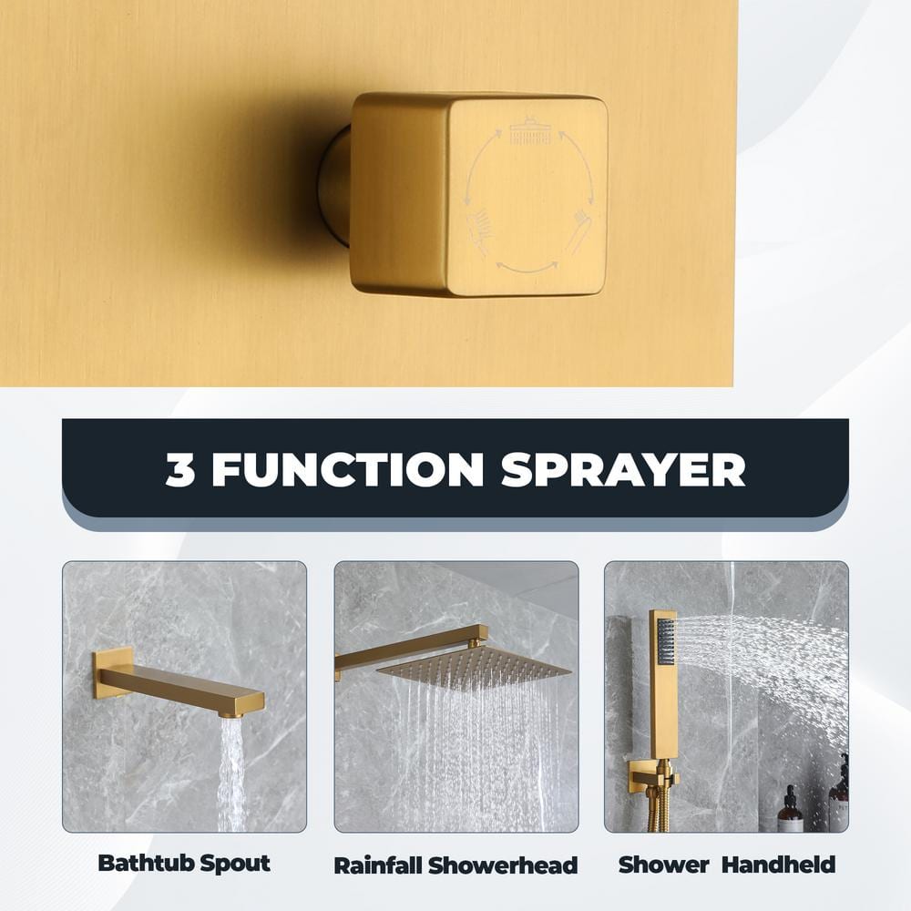 3-Spray Patterns Square 10 in. Wall Mount Dual Shower Heads 2.5 GPM with Tub Faucet in Brushed Gold