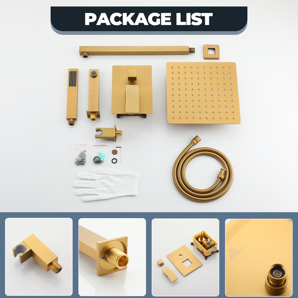 3-Spray Patterns Square 10 in. Wall Mount Dual Shower Heads 2.5 GPM with Tub Faucet in Brushed Gold