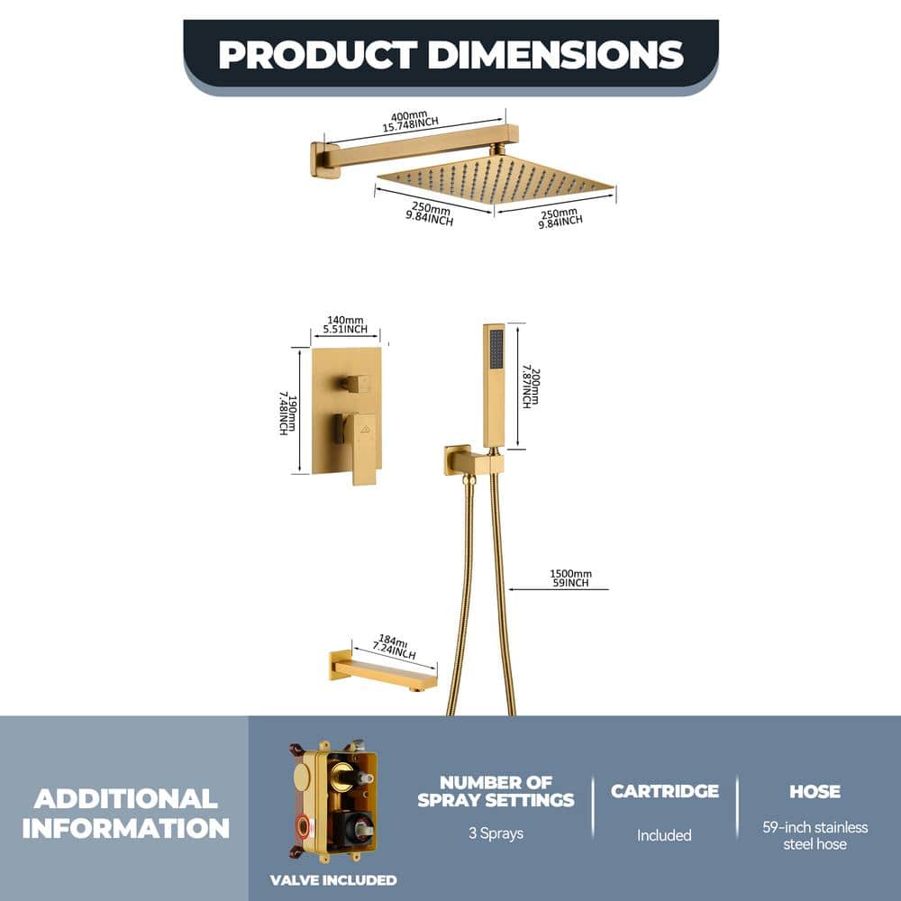 3-Spray Patterns Square 10 in. Wall Mount Dual Shower Heads 2.5 GPM with Tub Faucet in Brushed Gold