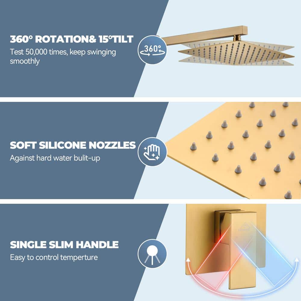 3-Spray Patterns Square 10 in. Wall Mount Dual Shower Heads 2.5 GPM with Tub Faucet in Brushed Gold
