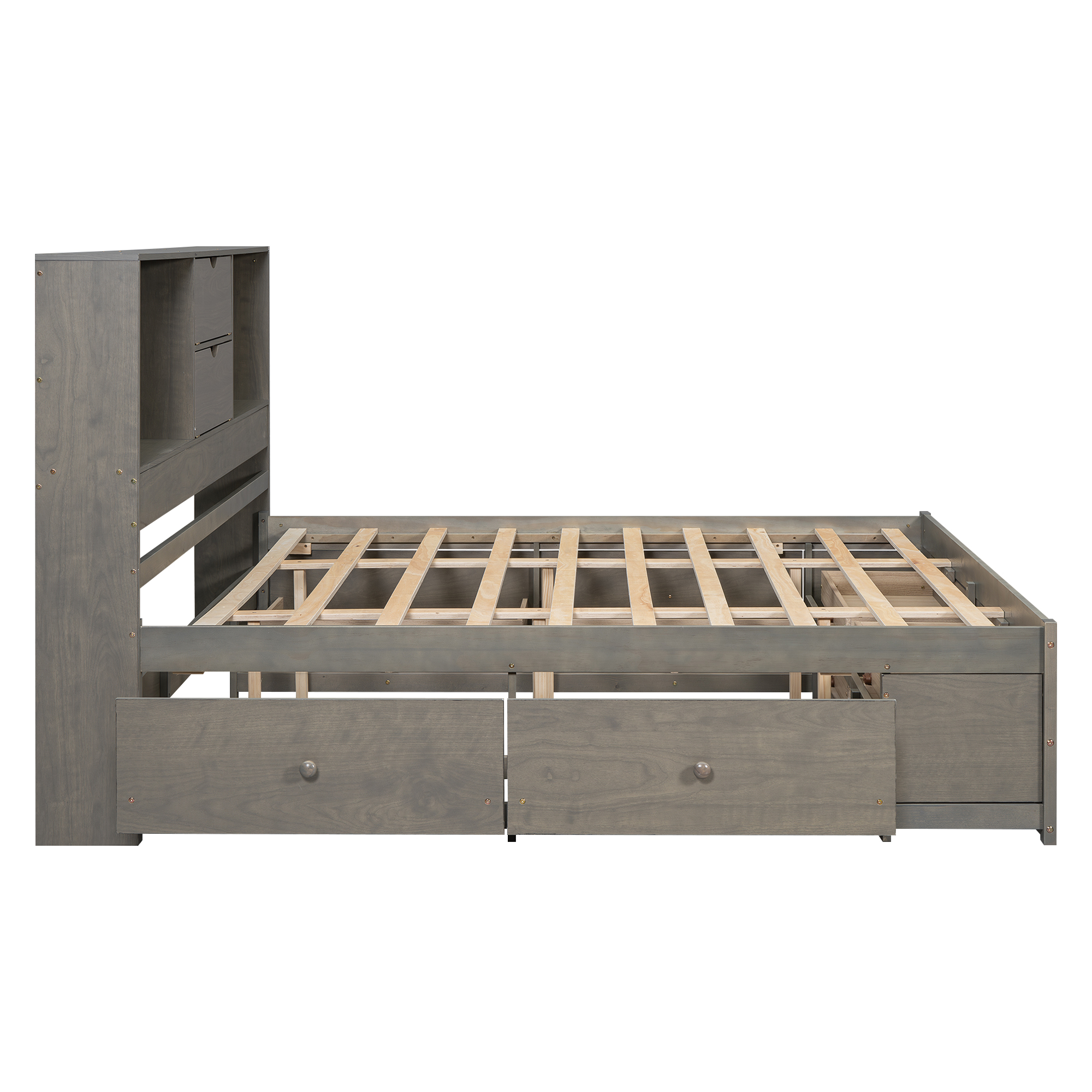 Queen/King Size Platform Bed with Storage Headboard and 8 Drawers, White/Gray