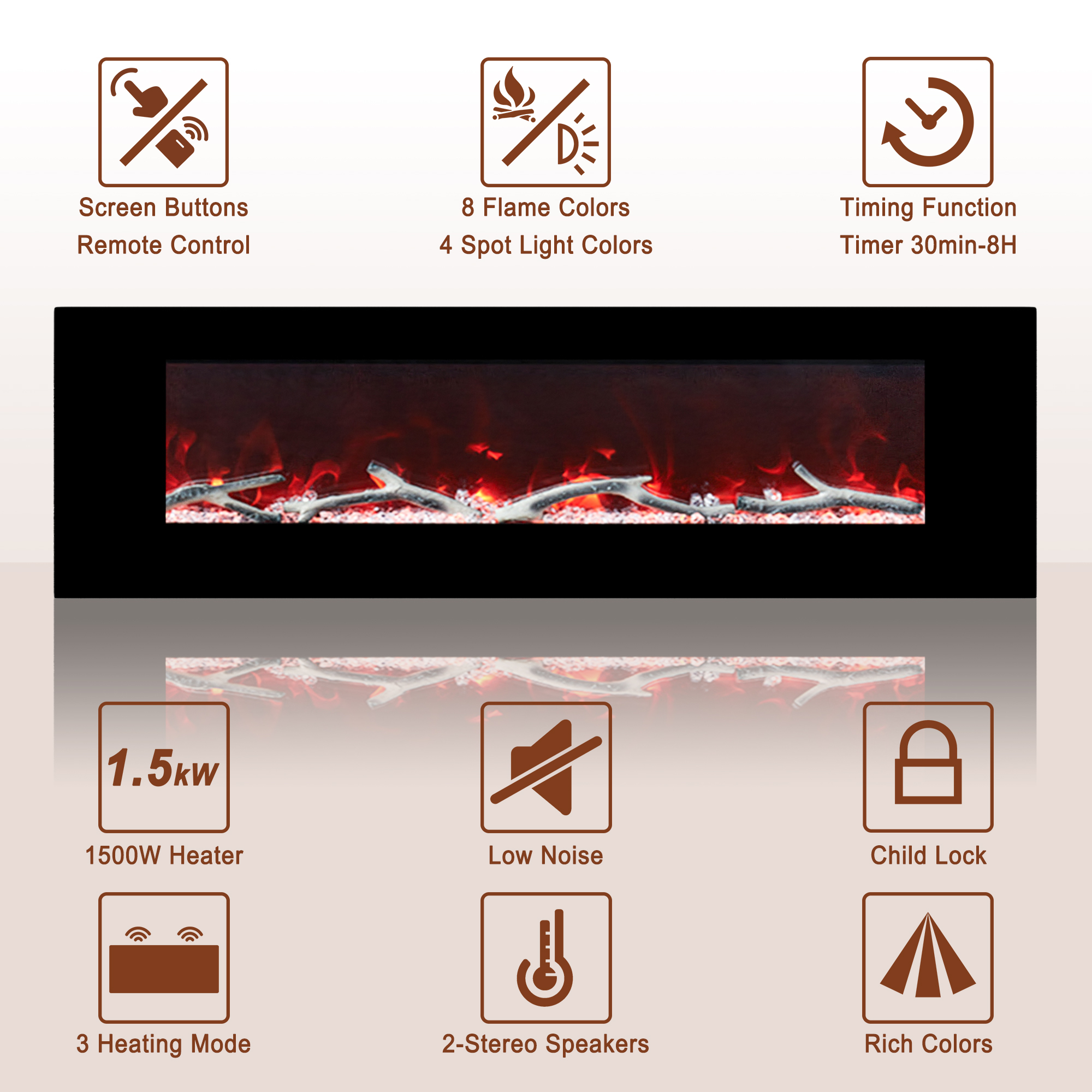 5120 BTU 42/50/60/72 in. Wall-Mounted Black Electric Fireplace Insert with 2-Speaker Stereo Sound