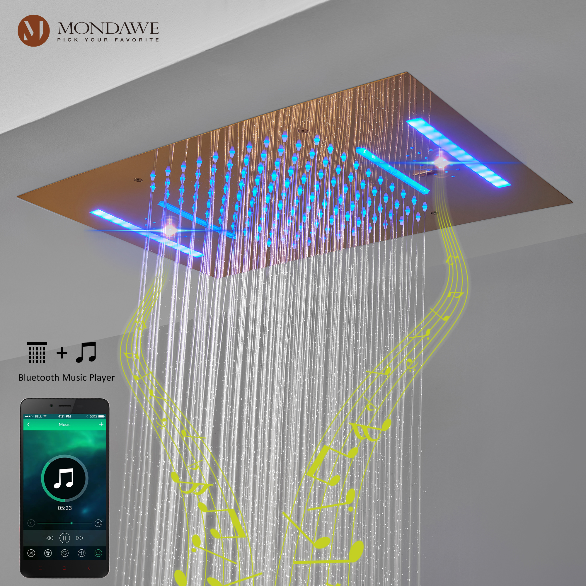 Mondawe Luxury 4-Way Thermostatic Shower System with LED and Music Player-Mondawe