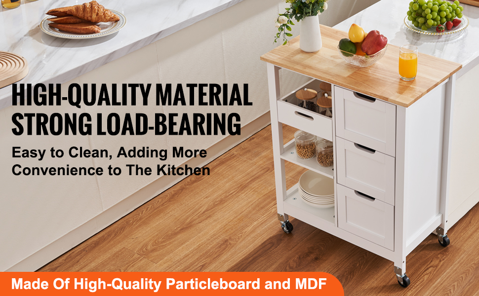 Rolling Portable Small Kitchen Island Cart on Wheels with Solid Wood Top, Dining Room Serving Utility Carts Mobile Movable with 3 Drawers and Storage Shelves Cabinet, White 