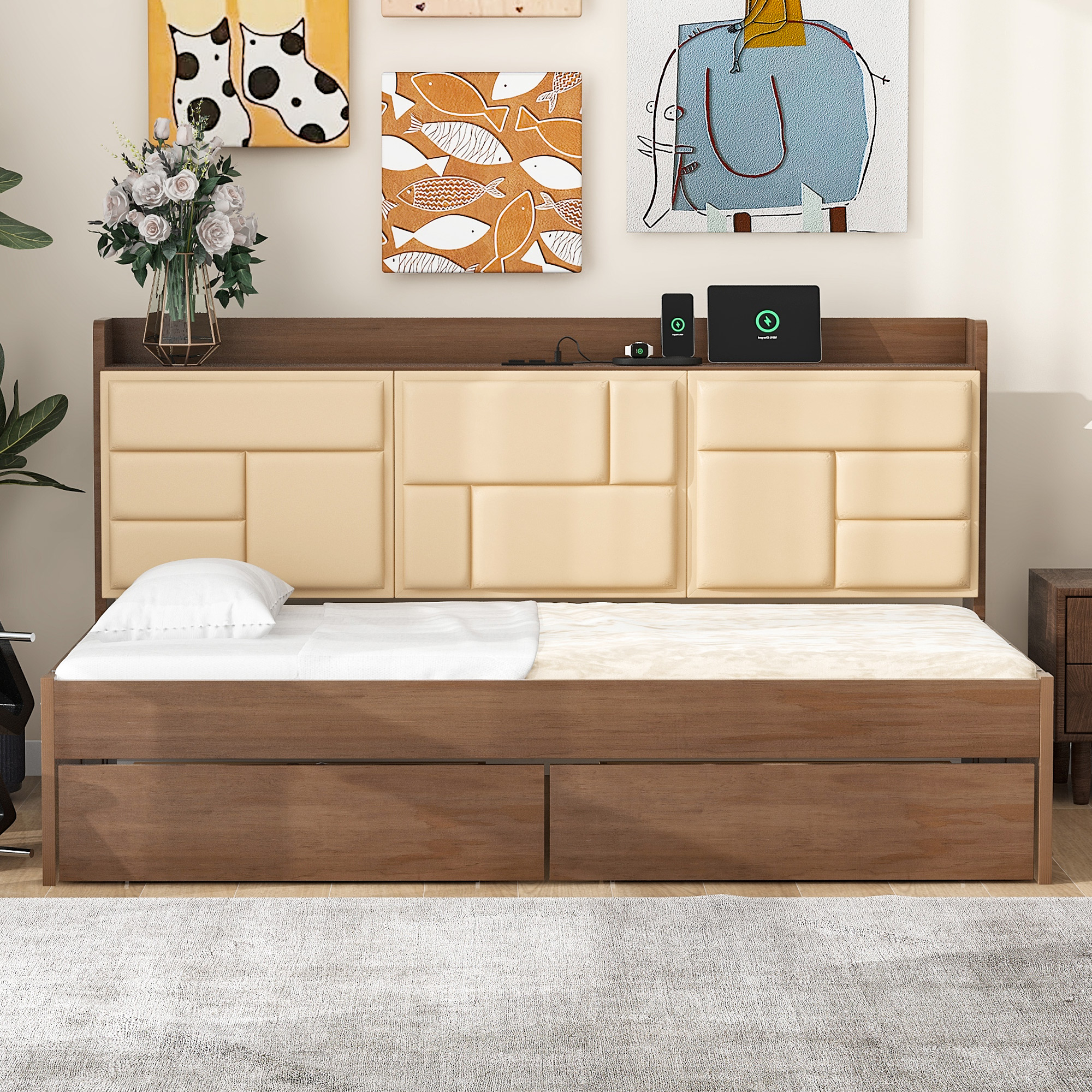 Full/Twin Size Wood Daybed with Upholstered Storage Shelves, USB Ports and 2 Drawers, Wood Color 