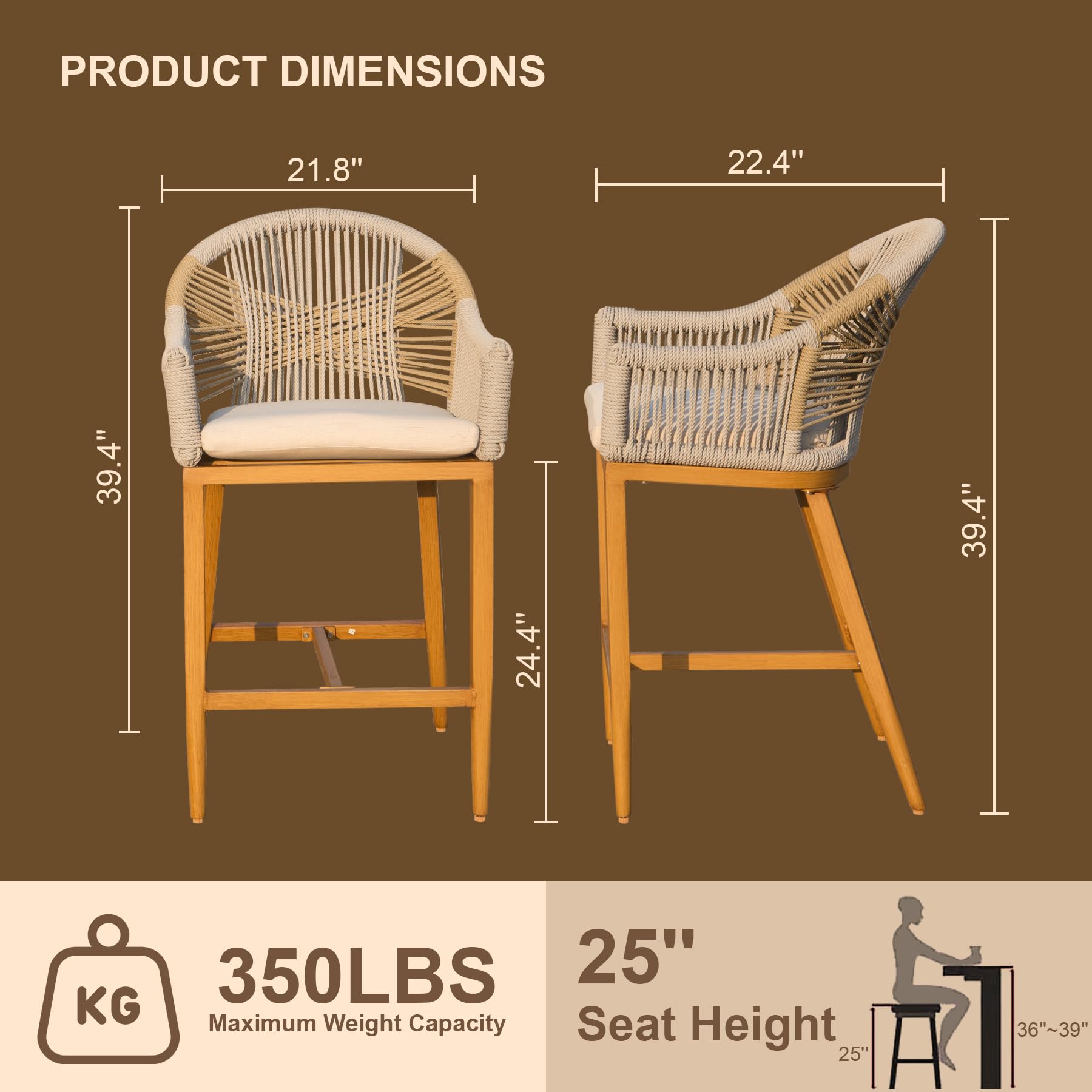 Bar Stools Set of 2, Outdoor Counter Height Bar Chairs with Arm and Backrest, Aluminum Tall Bar stools with Cushion Modern Textilene Rope Boho Barstools for Garden, Pool, Patio, Kitchen-Square Backres/Rounded Backre