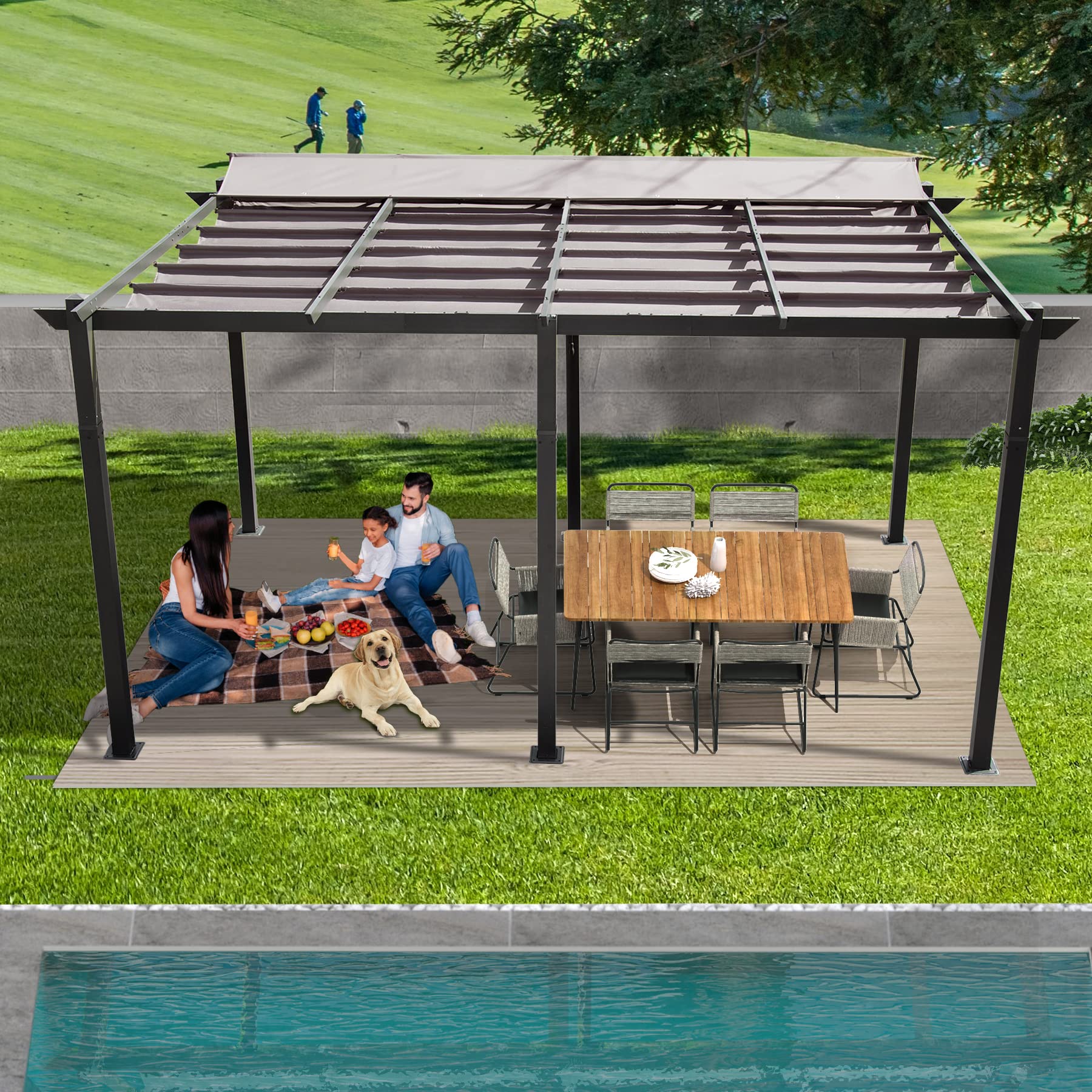 11 X 16 FT Outdoor Living Outdoor Retractable Pergola with Weather-Resistant Canopy Aluminum Garden Pergola Patio Grill Gazebo for Courtyard -Lake Blue/Dark Gray/Khaki