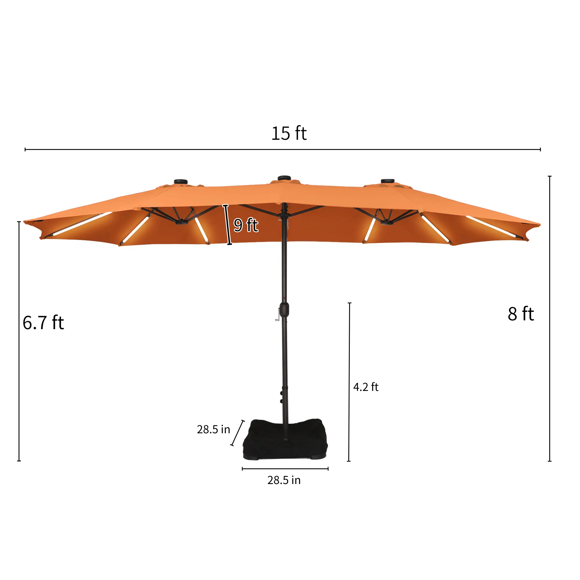 15ft Double-Sided Outdoor Umbrella with Solar String Lights & Base