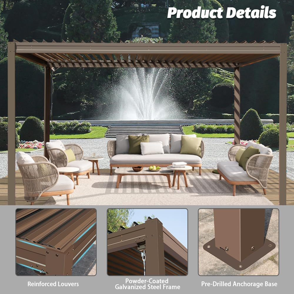 Louvered Pergola 10X13FT, Aluminum Pergola with Adjustable Roof, Aluminum Frame, Efficient Drainage System, Outdoor Pergola for Patio, Deck, Garden