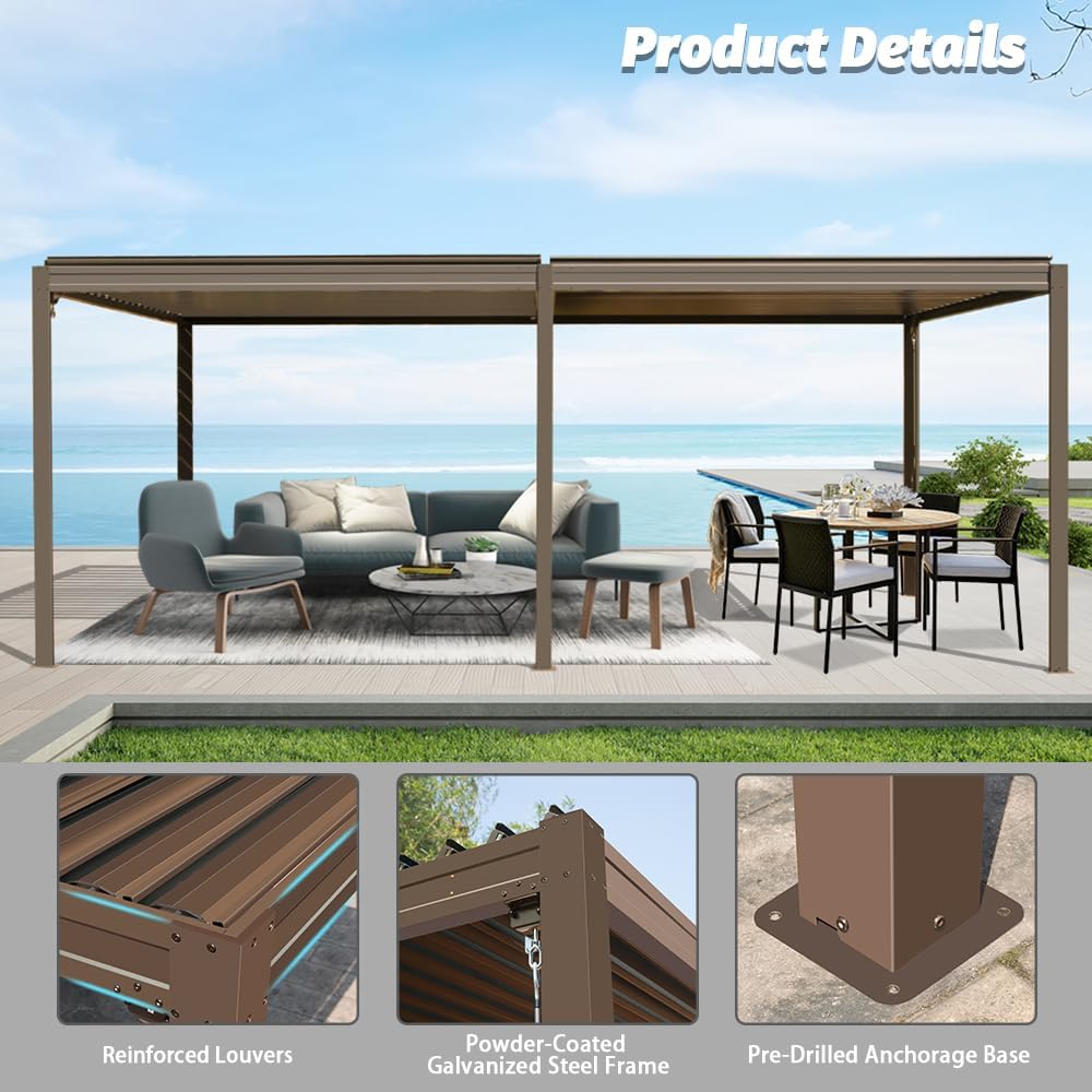 Louvered Pergola 10X20FT, Wood Grain Aluminum Pergola with Adjustable Roof, Wood Looking Aluminum Frame, Efficient Drainage System, Outdoor Pergola for Patio, Deck, Garden