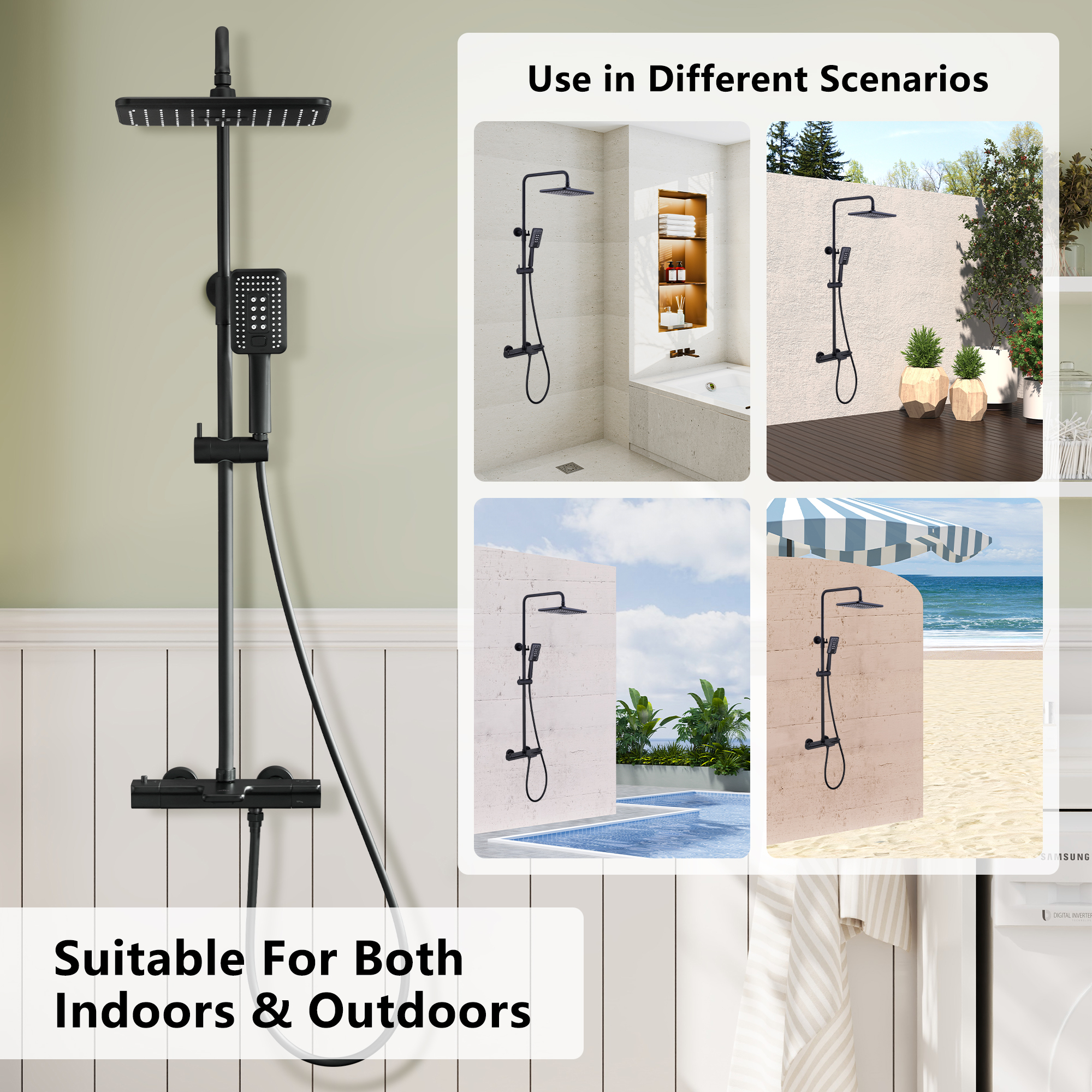 11.4*7.5" Thermostatic Rain Shower System with Tub Spout in Matte Black