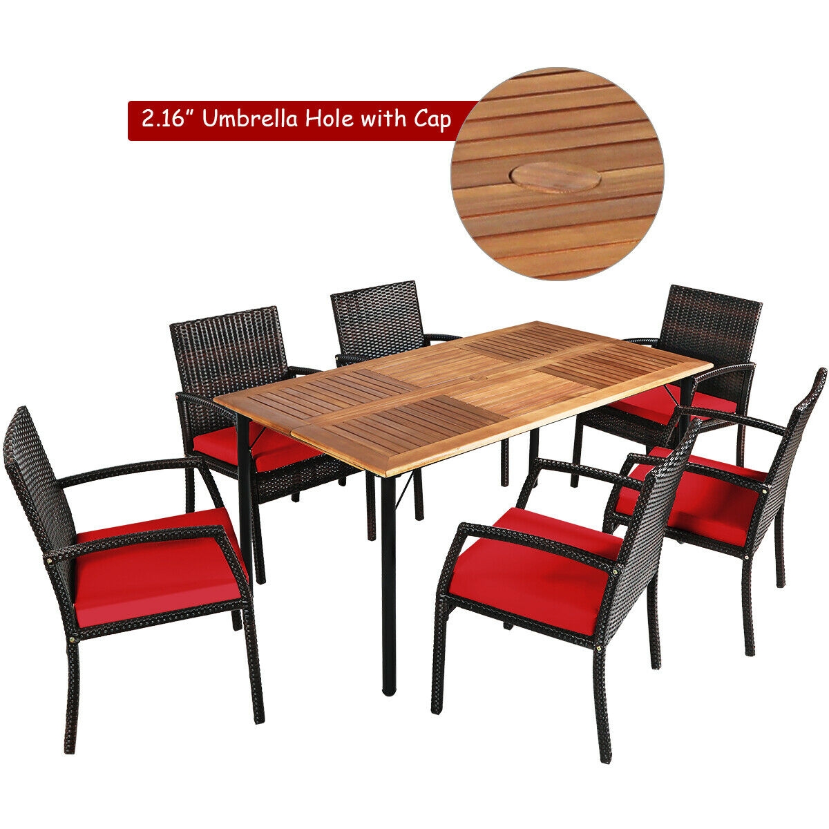Mondawe 7Pcs Patio Rattan Cushioned Dining Set with Umbrella Hole-Red-Mondawe