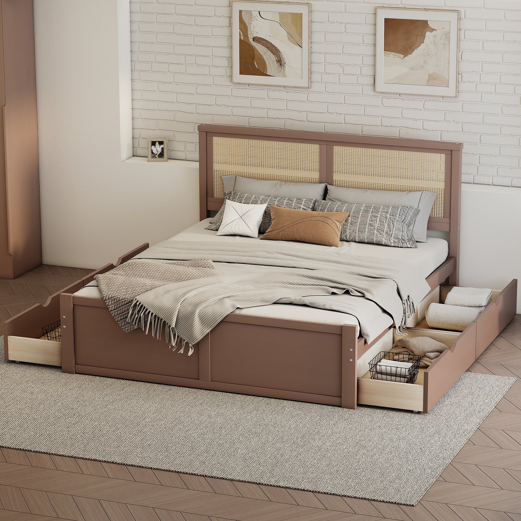 Queen/Full Size Wood Storage Platform Bed with 4 Drawers, Rattan Headboard, Espresso/Nature 
