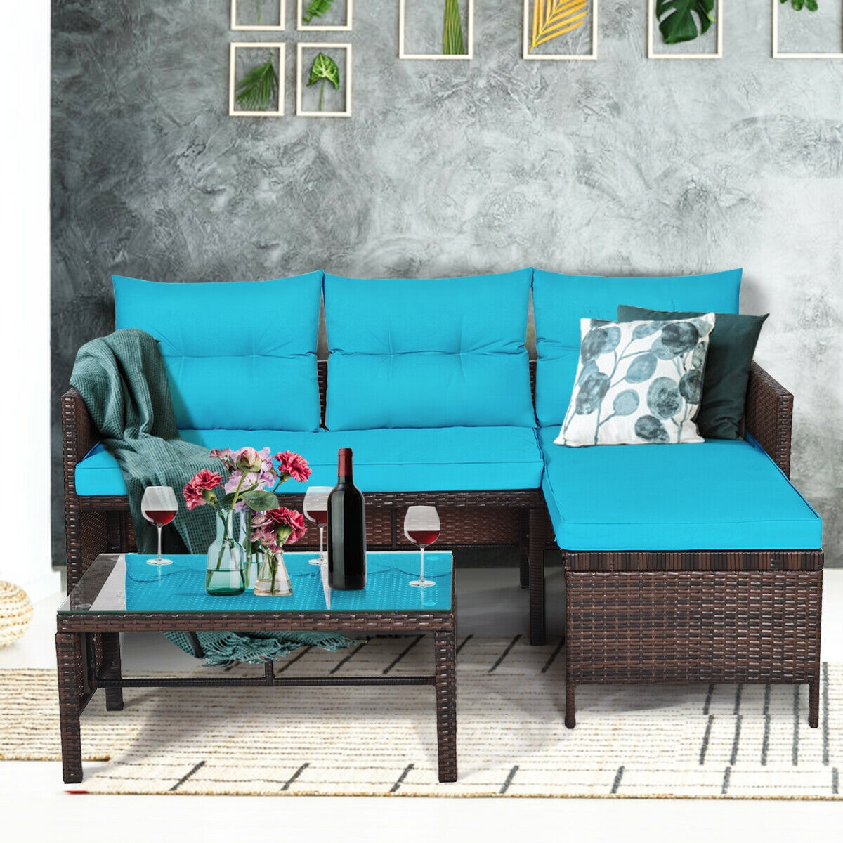 Mondawe 3 Piece Patio Wicker Rattan Sofa Set-Turquoise-Mondawe