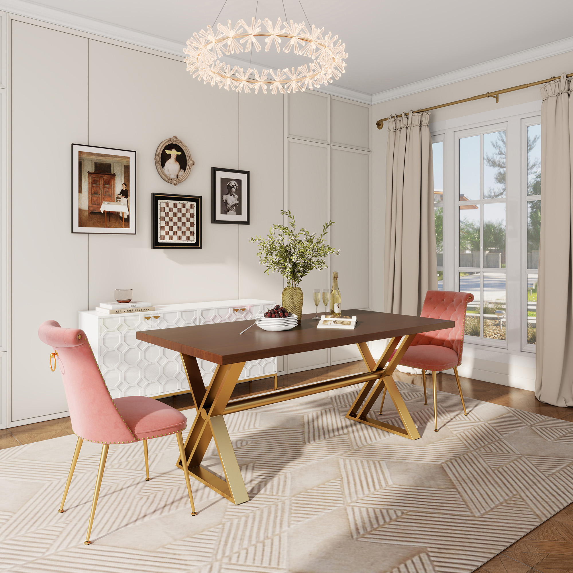 Brown/White Walnut Wood 70.87 in. Cross Legs Dining Table Seats-6