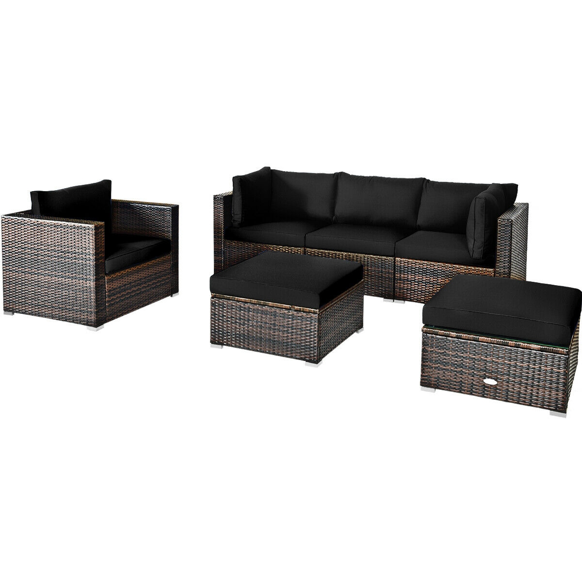 Mondawe 6 Pcs Patio Rattan Furniture Set with Sectional Cushion-Black-Mondawe