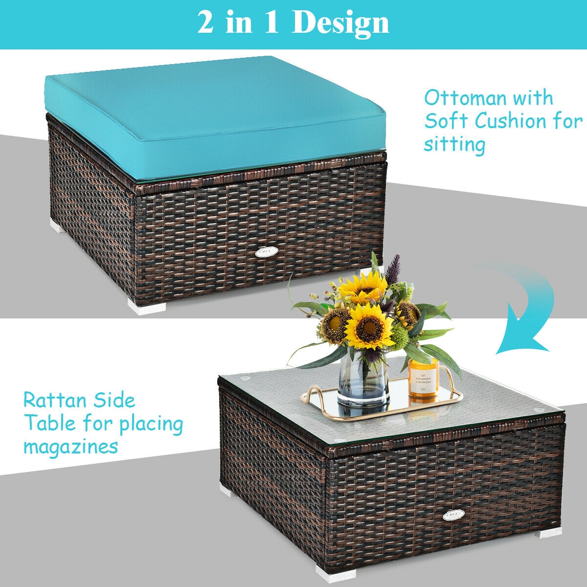 Mondawe 6 Pcs Patio Rattan Furniture Set with Sectional Cushion-Turquoise-Mondawe