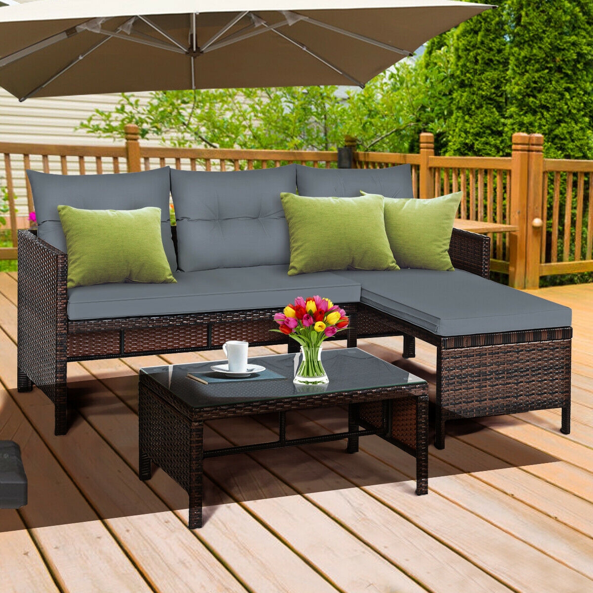 Mondawe 3 Piece Patio Wicker Rattan Sofa Set-Gray-Mondawe